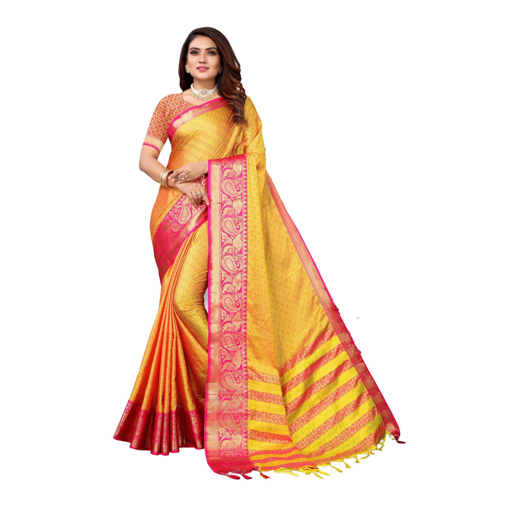 Silk and Cotton Jacquard Saree with Silk and Cotton Blouse Piece yellow with red border - TheHangr