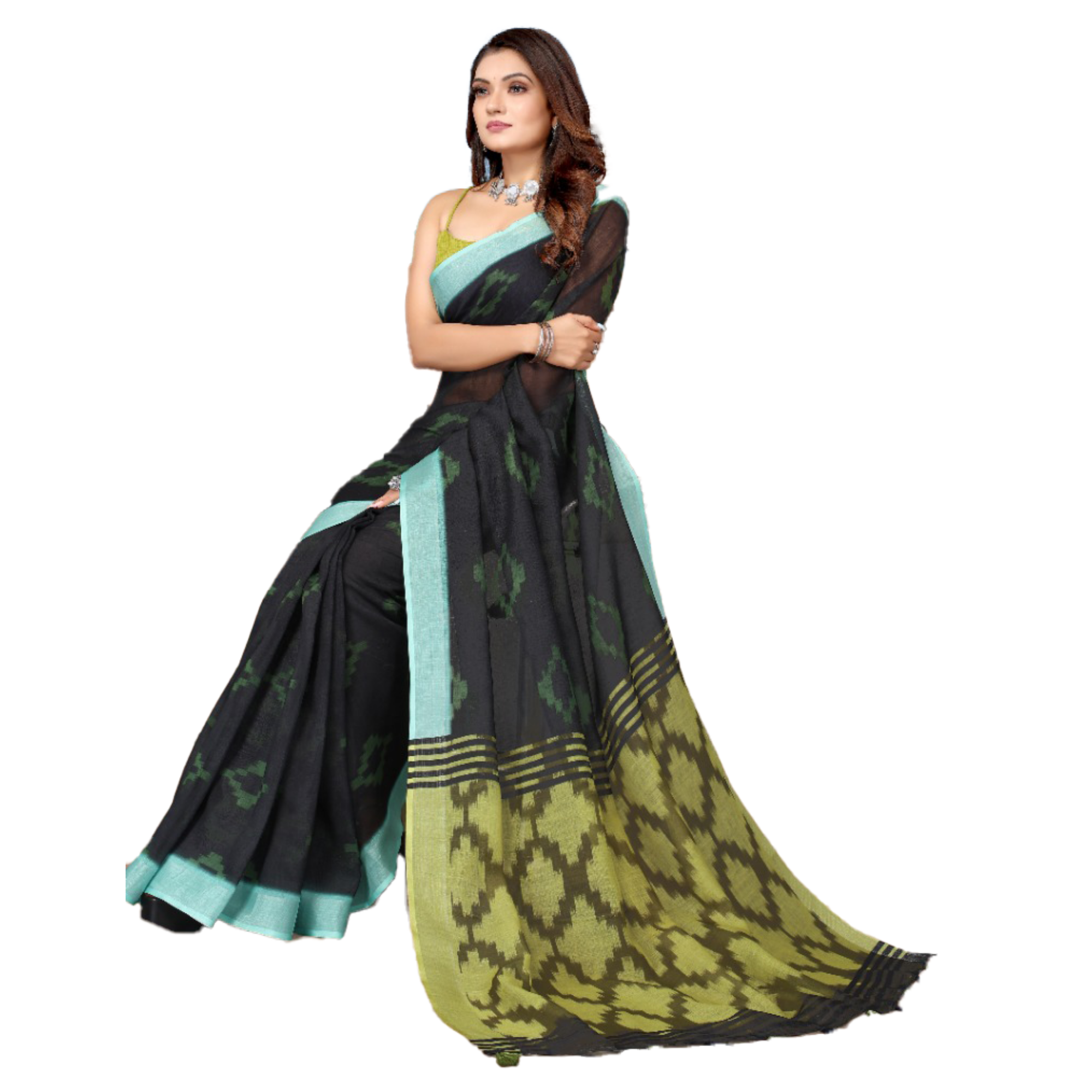 Women's Linen Printed Blue Saree with Olive Pallu - TheHangr