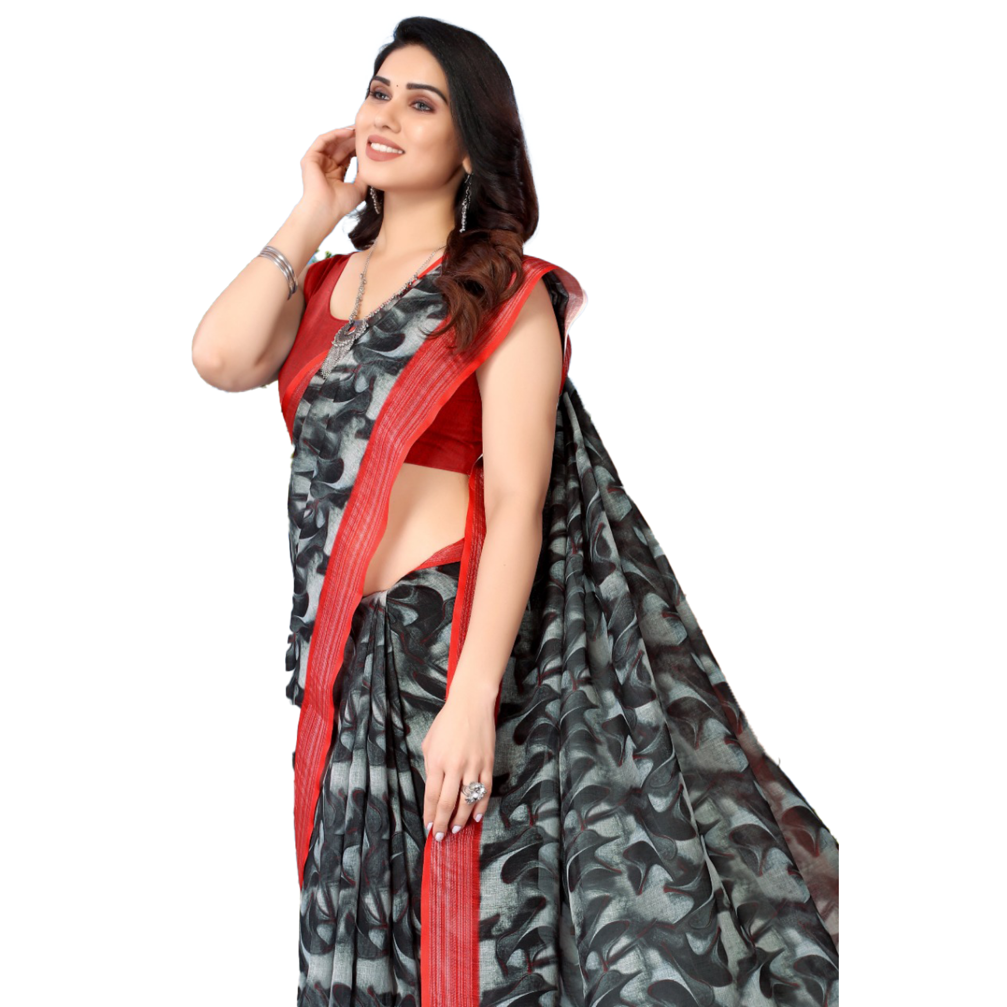 Women's Linen Printed Black & Grey Saree with Red border - TheHangr