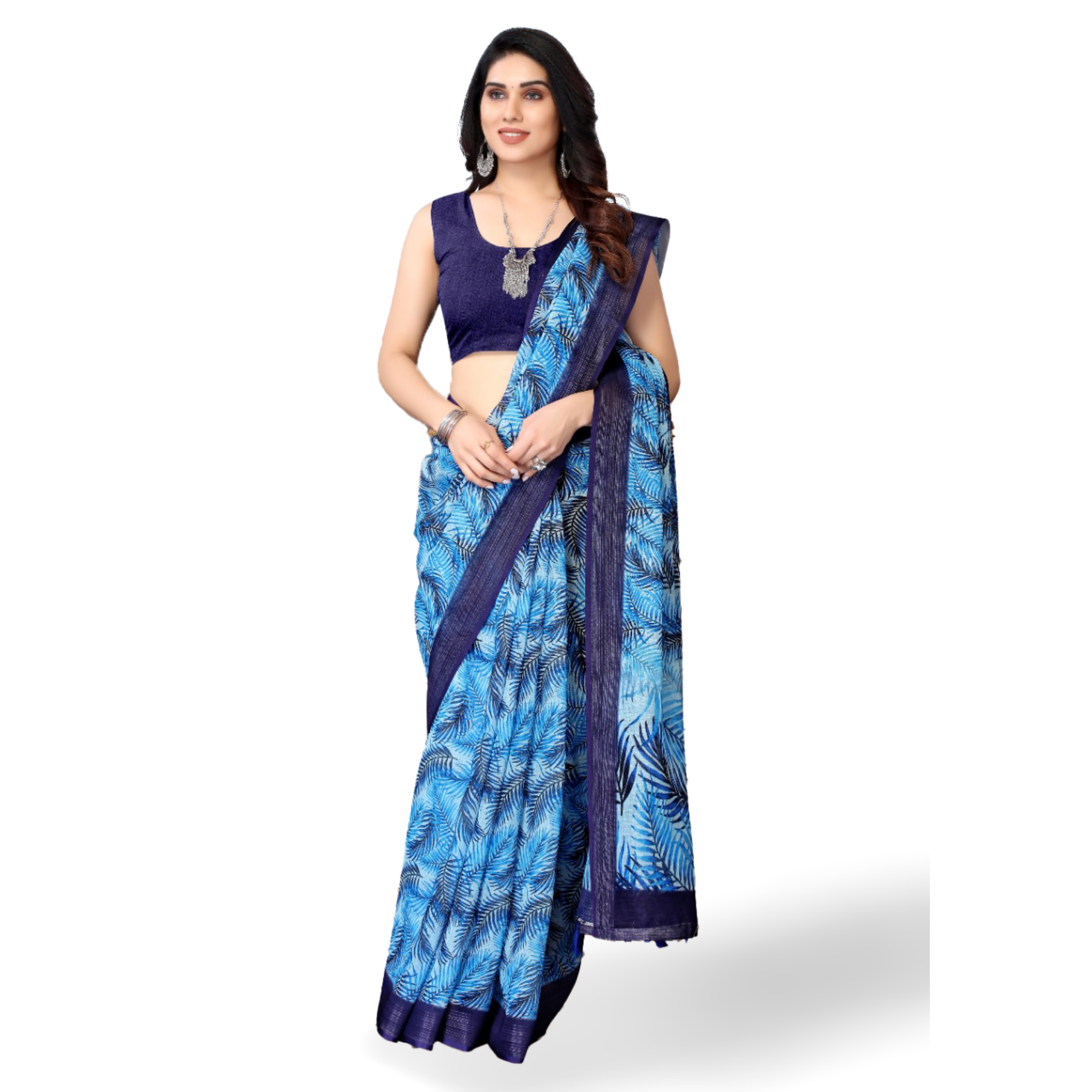 Women's Linen Printed Light Blue Saree with Blue border and running Pallu - TheHangr