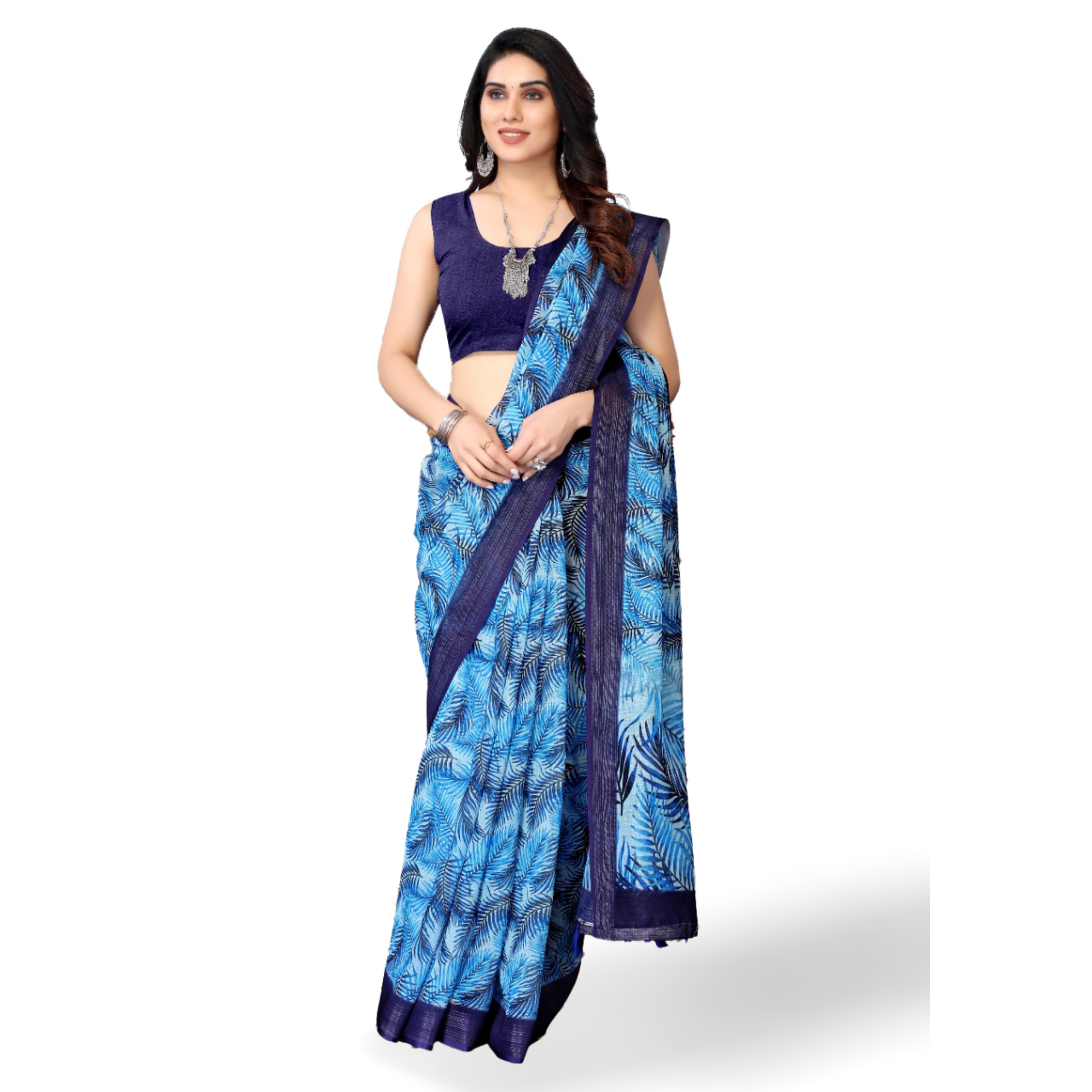 Women's Linen Printed Light Blue Saree with Blue border and running Pallu Saree blue casual dark blue Feather light blue Linen Printed royal blue Saree sky blue steel blue work thehangr_linen_saree_blue_printed_1