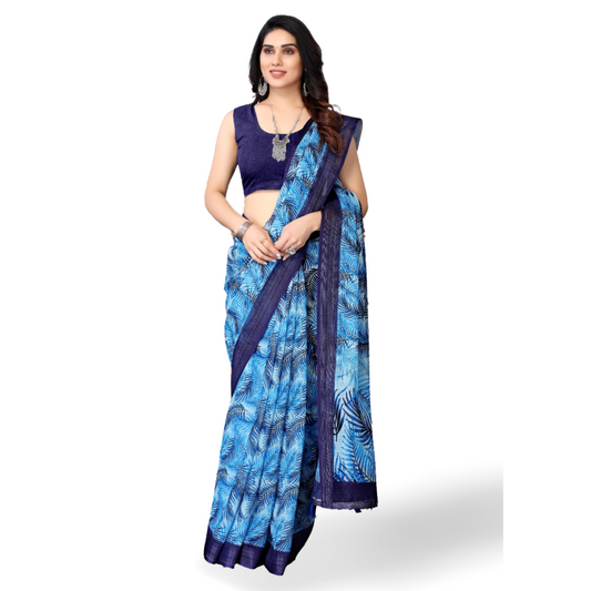 Women's Linen Printed Light Blue Saree with Blue border and running Pallu Saree blue casual dark blue Feather light blue Linen Printed royal blue Saree sky blue steel blue work thehangr_linen_saree_blue_printed_1