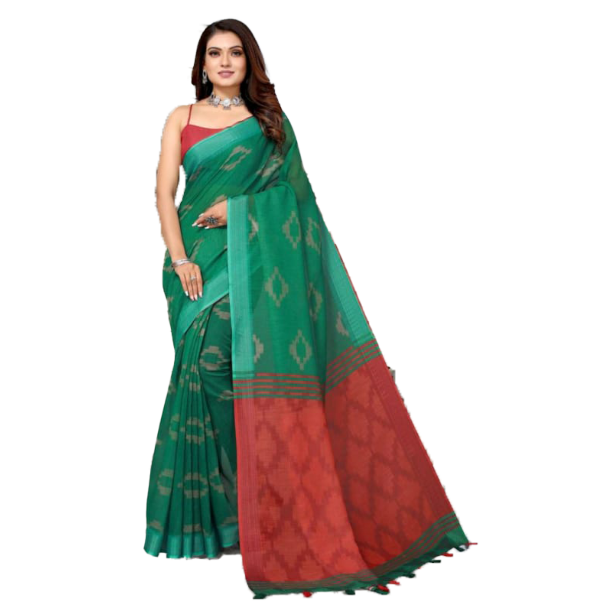 Women's Linen Geometrical Print Green Saree with Red Pallu - TheHangr