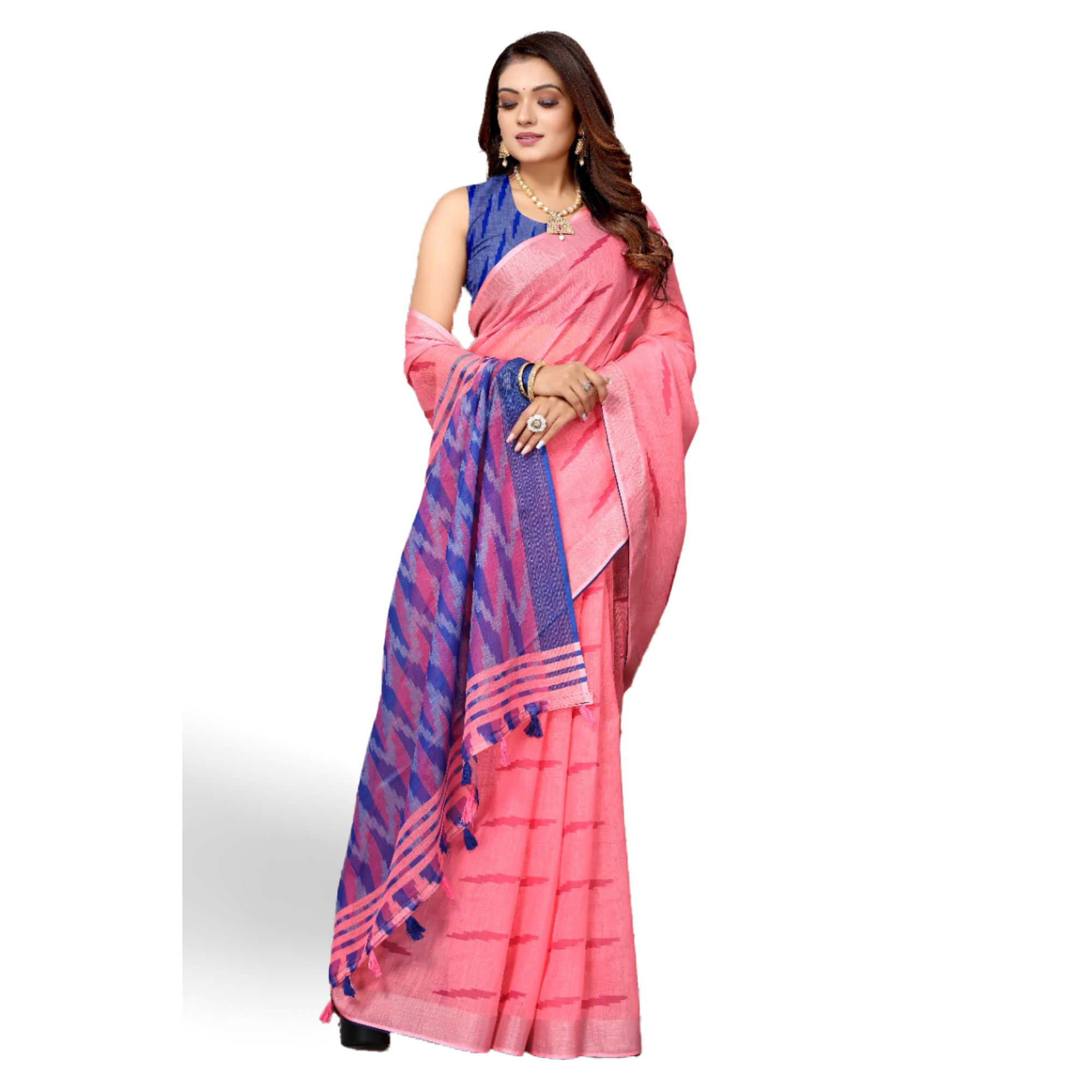 Women's Linen Printed Pink Saree with Blue Pallu - TheHangr