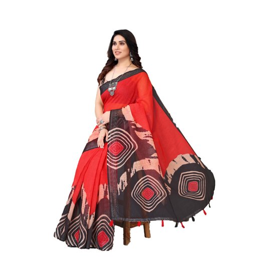Women's Linen Red Plain Saree with contrast Geometrical design on Boarder and Pallu Saree black casual Geometrical Linen Plain Printed red Saree work thehangr_linen_saree_red_black_pallu_printed_1