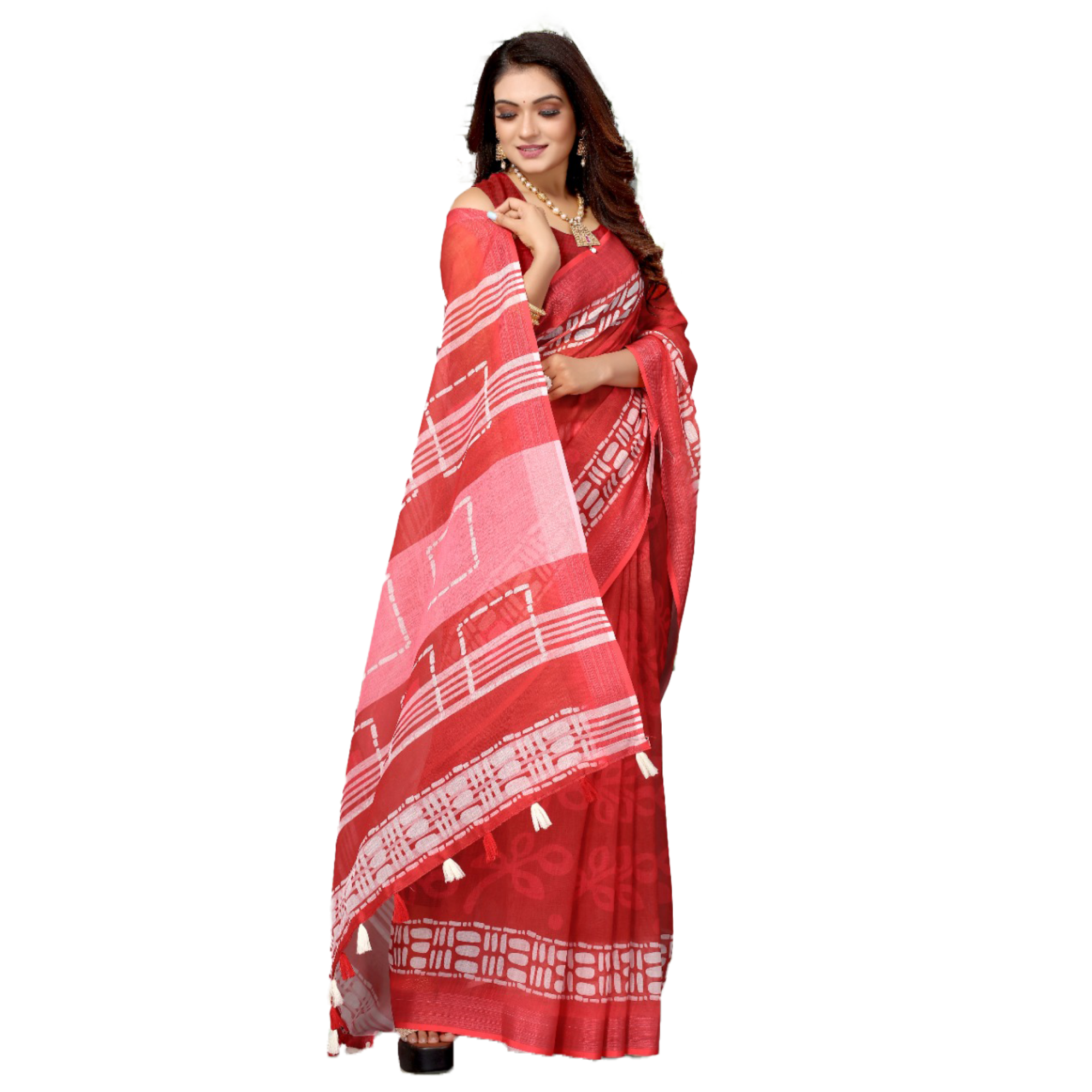 Women's Linen Red leaf print Saree with white Boarder and Pallu - TheHangr