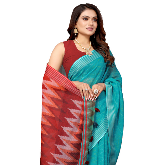 Women's Linen Sky-blue Saree with stripped silver border and multicolor zig-zag Pallu Saree casual Geometrical Linen Multicolour Off white Plain Printed red Saree sky blue white work thehangr_linen_saree_yellow_green_red_pallu_printed_1