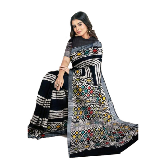 Women's Linen Black stripped Saree with grey Border and multicolor geometrical Pallu Saree black casual Geometrical Linen Multicolour Off white Plain Printed red Saree silver sky blue white work thehangr_linen_saree_yellow_multicolor_black_printed_1