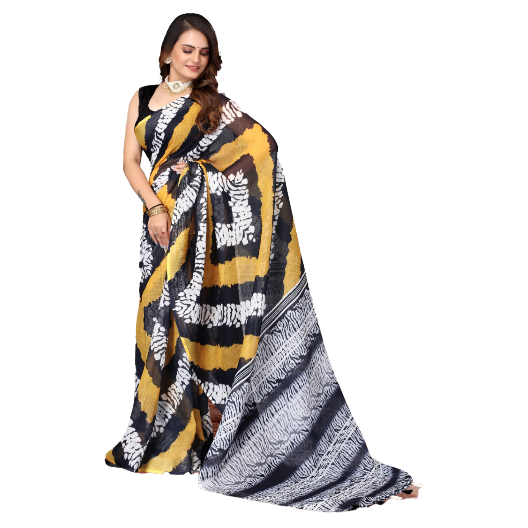Women's Linen multicolor geometrical design Saree with black and white stripped Pallu - TheHangr