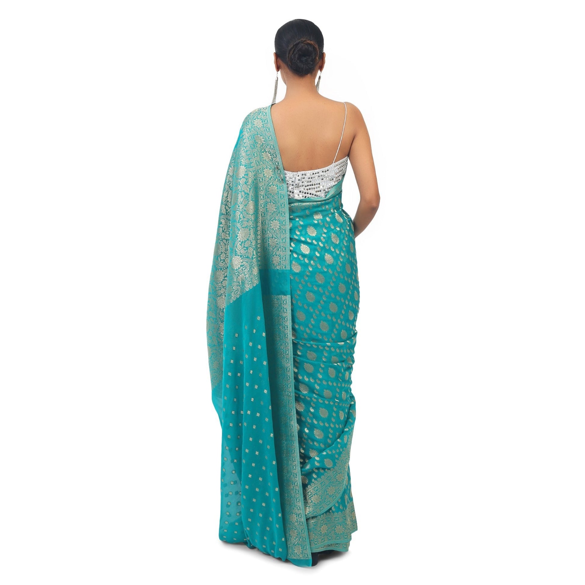 Green soft Georgette Banarsi Saree With golden work border Apparel & Accessories 50%off Cocktail Festive Green Saree Soft Georgette thehangrgreen-soft-georgette-banarsi-saree-with-golden-work-borderthehangr-317630