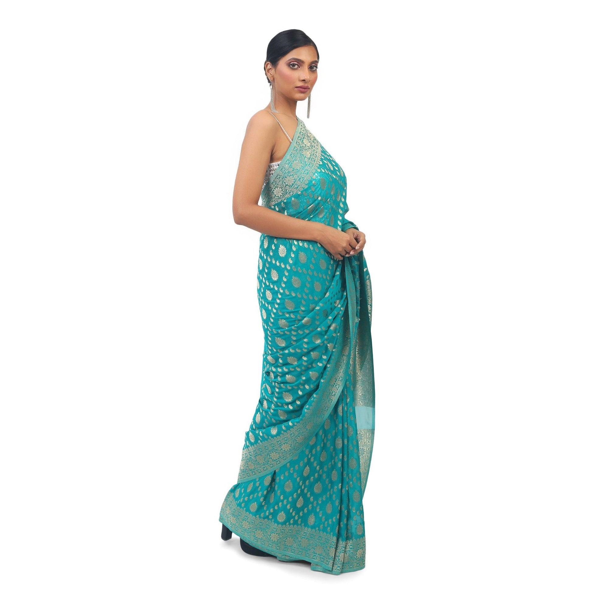 Green soft Georgette Banarsi Saree With golden work border Apparel & Accessories 50%off Cocktail Festive Green Saree Soft Georgette thehangrgreen-soft-georgette-banarsi-saree-with-golden-work-borderthehangr-521087