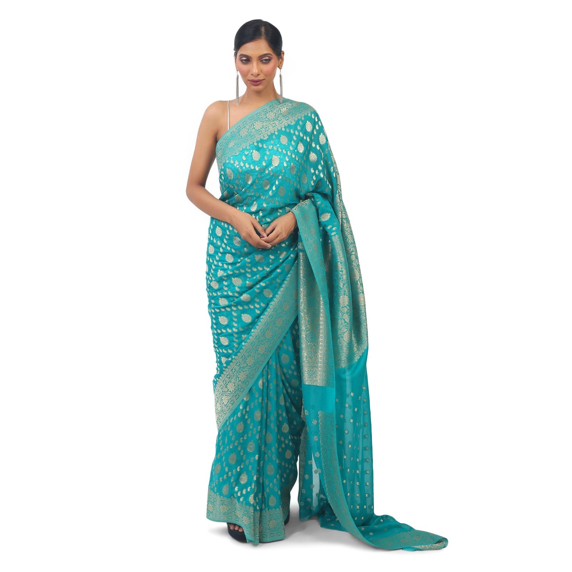 Green soft Georgette Banarsi Saree With golden work border Apparel & Accessories 50%off Cocktail Festive Green Saree Soft Georgette thehangrgreen-soft-georgette-banarsi-saree-with-golden-work-borderthehangr-684531