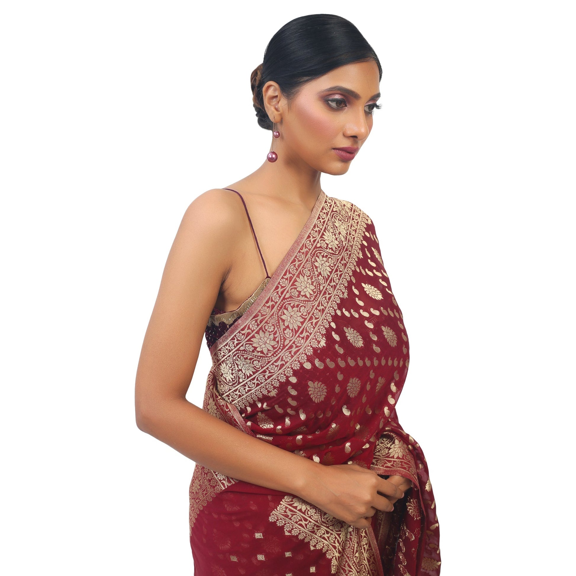 Maroon soft Georgette Banarsi Saree With golden work boarder Apparel & Accessories 50%off Cocktail Festive maroon Saree Soft Georgette wine thehangrmaroon-soft-georgette-banarsi-saree-with-golden-work-boarderthehangr-278742