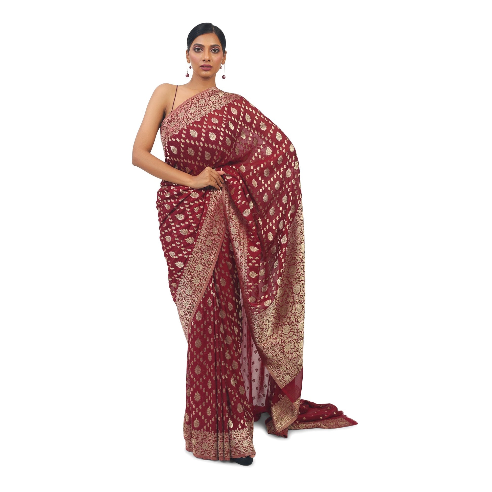 Maroon soft Georgette Banarsi Saree With golden work boarder Apparel & Accessories 50%off Cocktail Festive maroon Saree Soft Georgette wine thehangrmaroon-soft-georgette-banarsi-saree-with-golden-work-boarderthehangr-540260