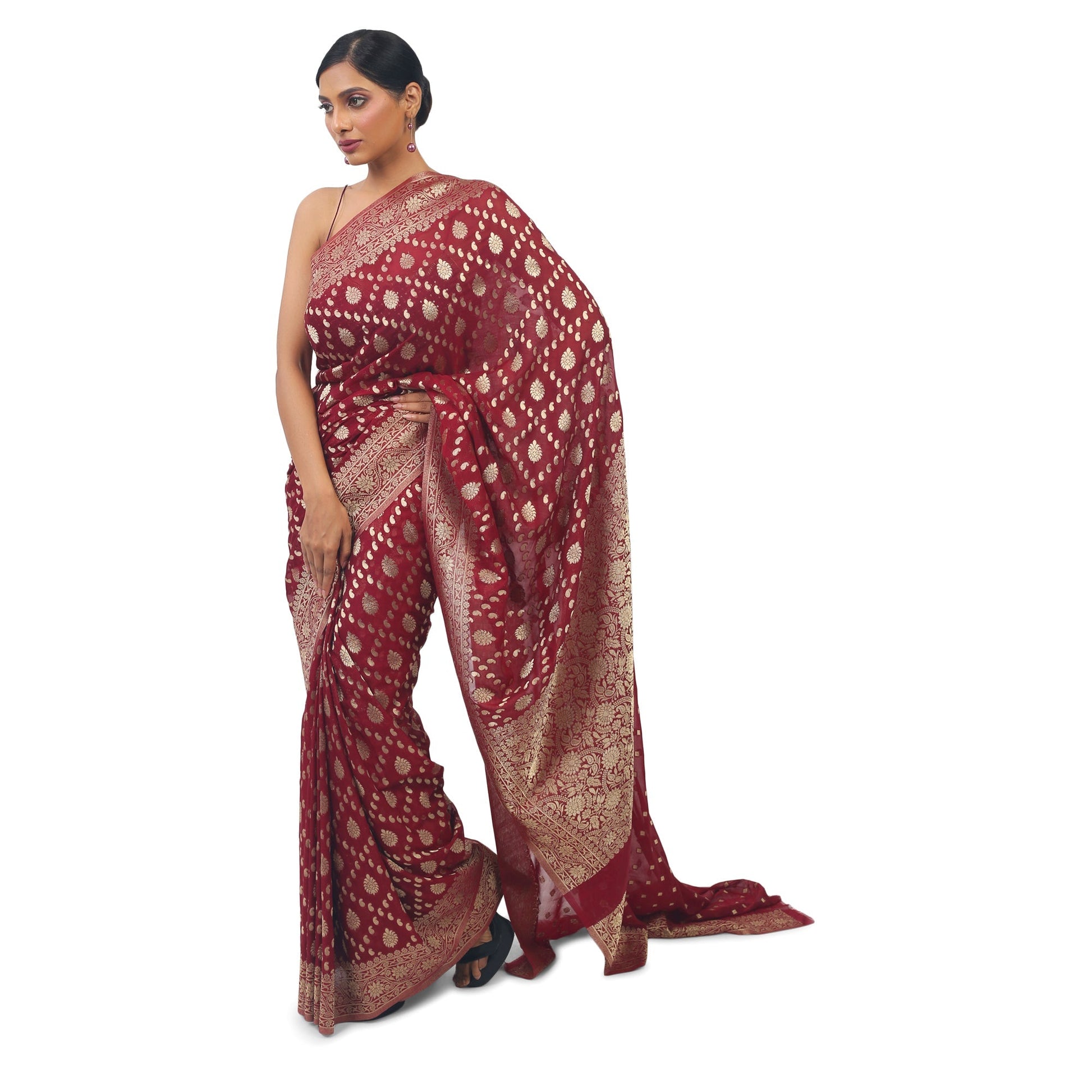 Maroon soft Georgette Banarsi Saree With golden work boarder Apparel & Accessories 50%off Cocktail Festive maroon Saree Soft Georgette wine thehangrmaroon-soft-georgette-banarsi-saree-with-golden-work-boarderthehangr-767733