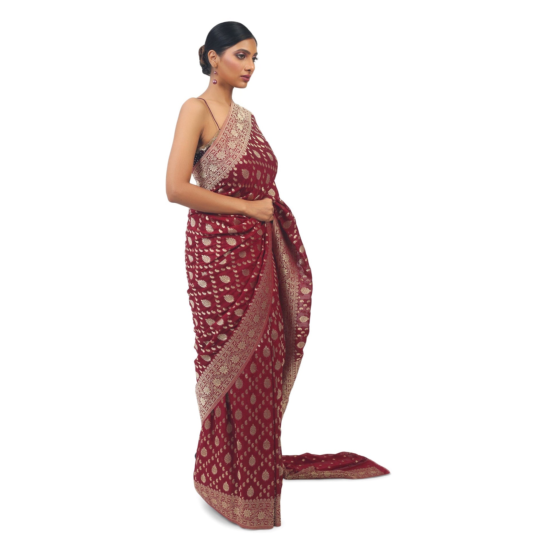 Maroon soft Georgette Banarsi Saree With golden work boarder Apparel & Accessories 50%off Cocktail Festive maroon Saree Soft Georgette wine thehangrmaroon-soft-georgette-banarsi-saree-with-golden-work-boarderthehangr-834058