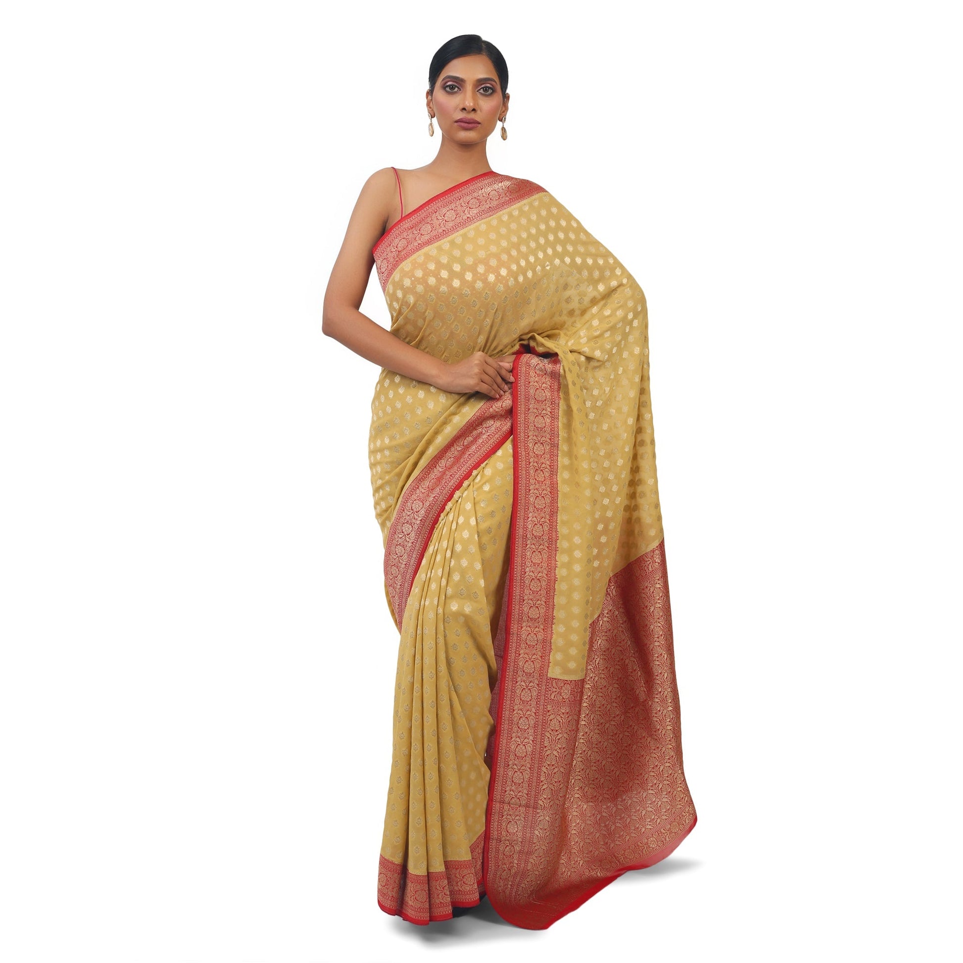 Mehandi Colour soft Georgette Saree With contrast red boarder and pallu Apparel & Accessories 50%off Cocktail Festive Mehandi Saree Soft Georgette yellow thehangrmehandi-colour-soft-georgette-saree-with-contrast-red-boarder-and-palluthehangr-690126