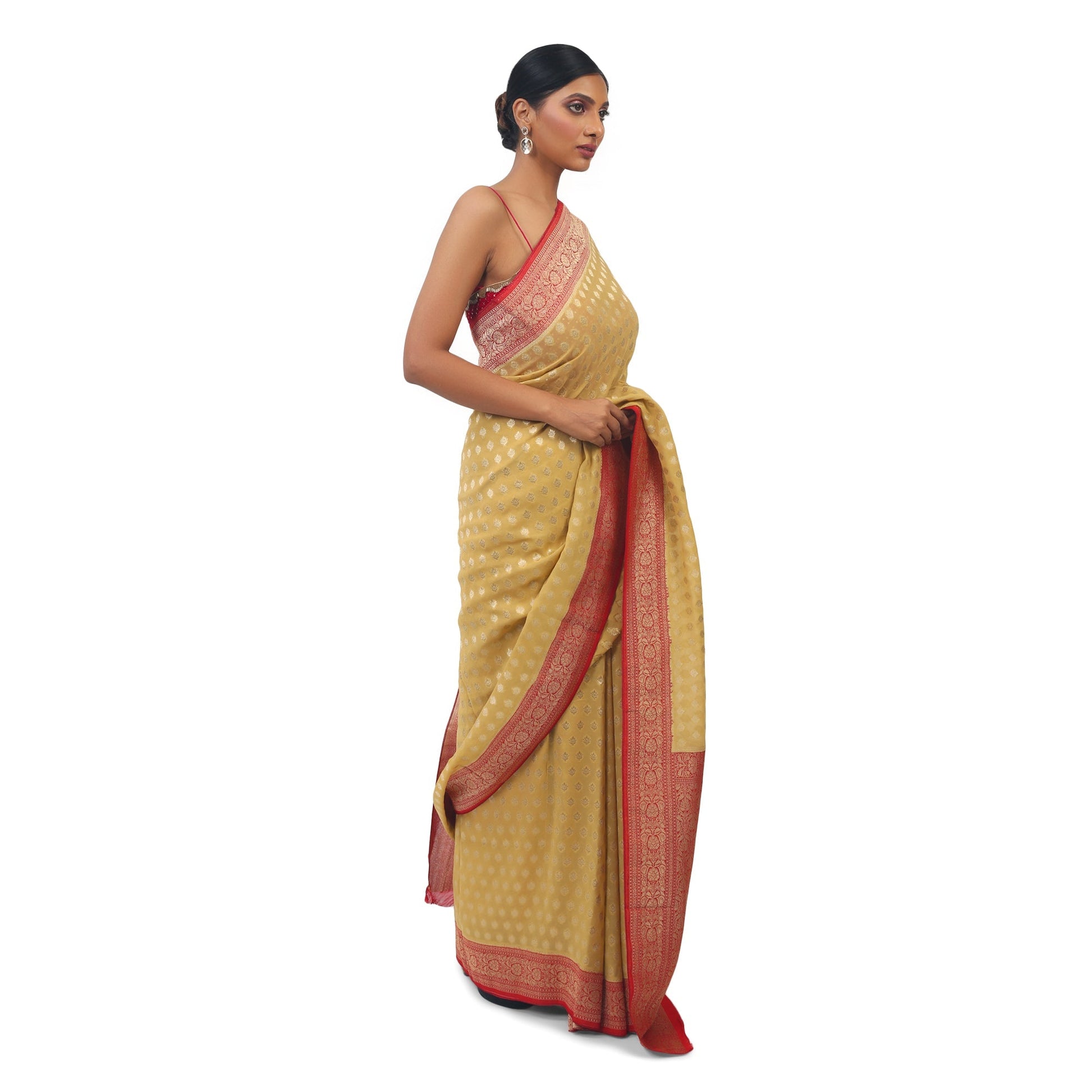 Mehandi Colour soft Georgette Saree With contrast red boarder and pallu Apparel & Accessories 50%off Cocktail Festive Mehandi Saree Soft Georgette yellow thehangrmehandi-colour-soft-georgette-saree-with-contrast-red-boarder-and-palluthehangr-884065