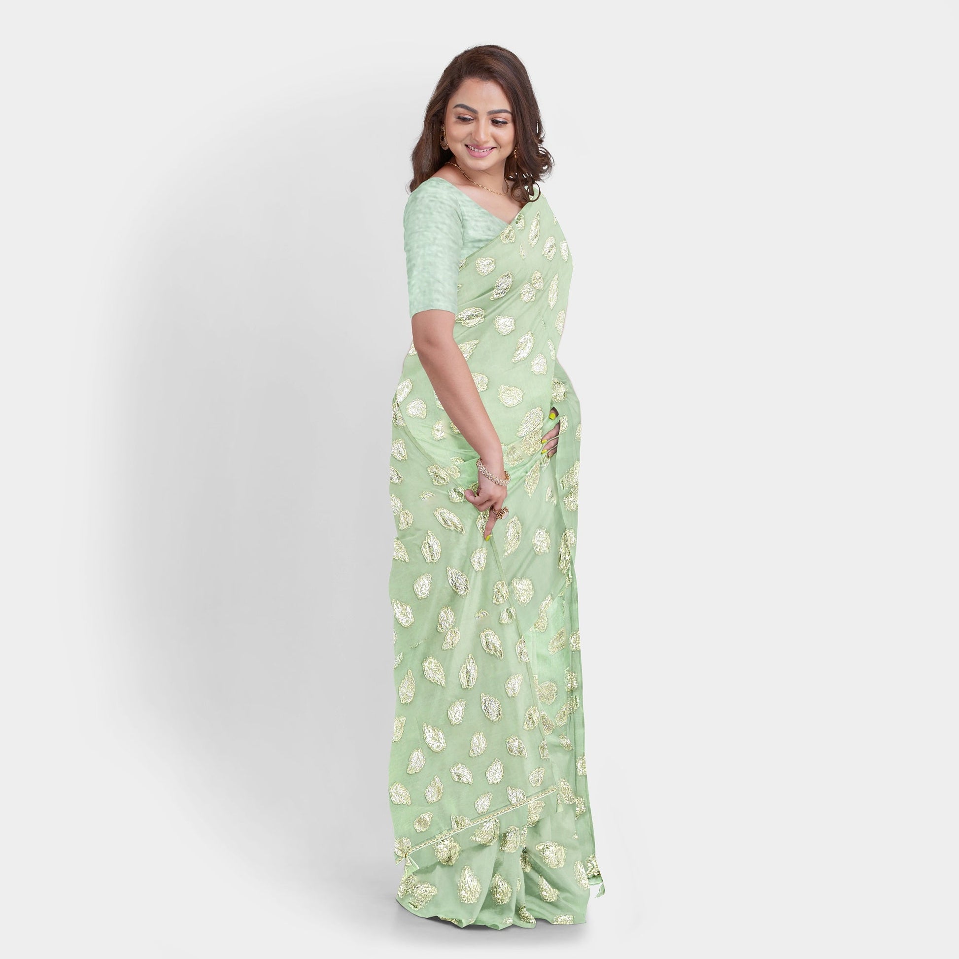 Olive Color Chiffon Saree with golden leaves and running Pallu. casual Chiffon Cocktail golden Olive work thehangrolive-color-chiffon-saree-with-golden-leaves-and-running-palluthehangr-279420