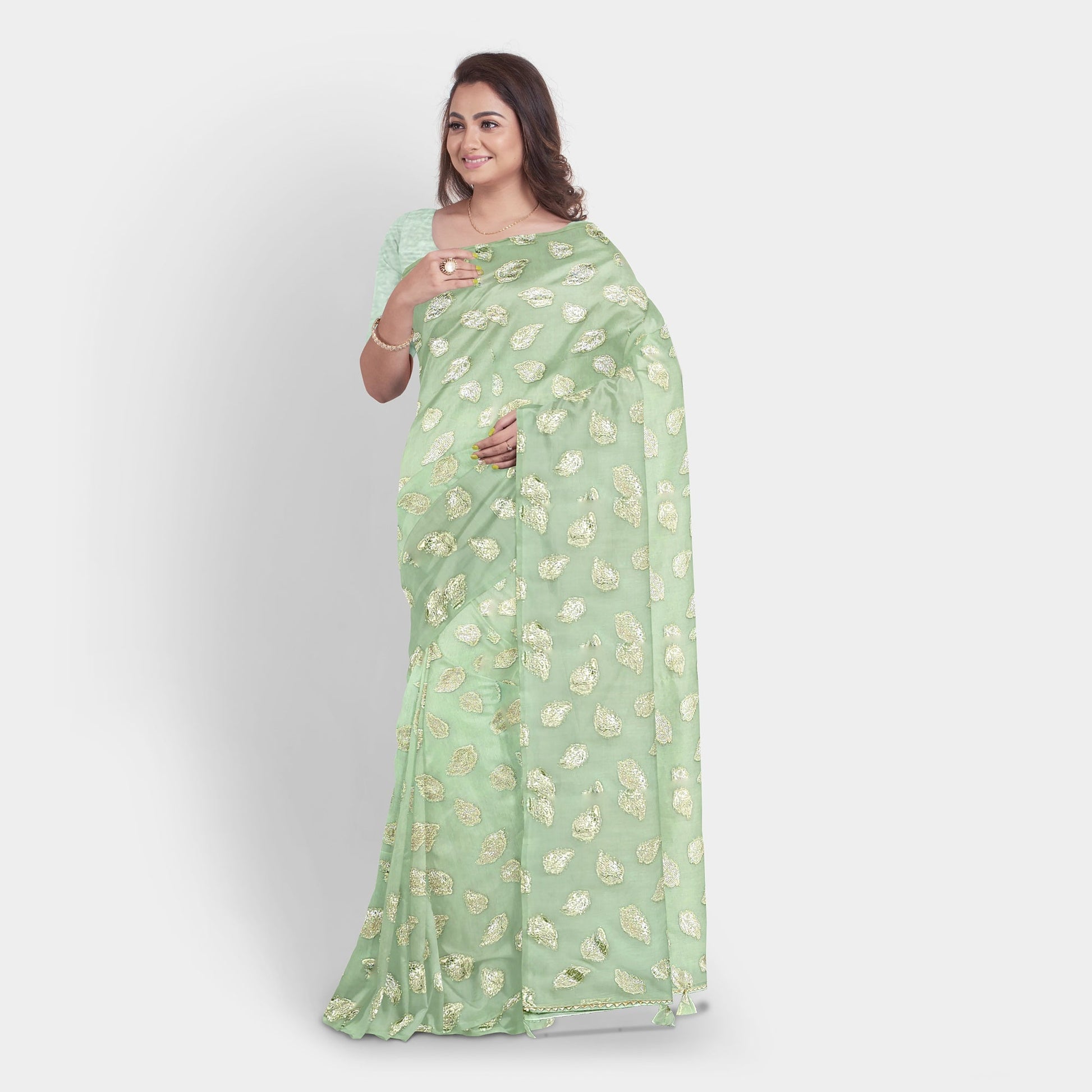 Olive Color Chiffon Saree with golden leaves and running Pallu. casual Chiffon Cocktail golden Olive work thehangrolive-color-chiffon-saree-with-golden-leaves-and-running-palluthehangr-525520