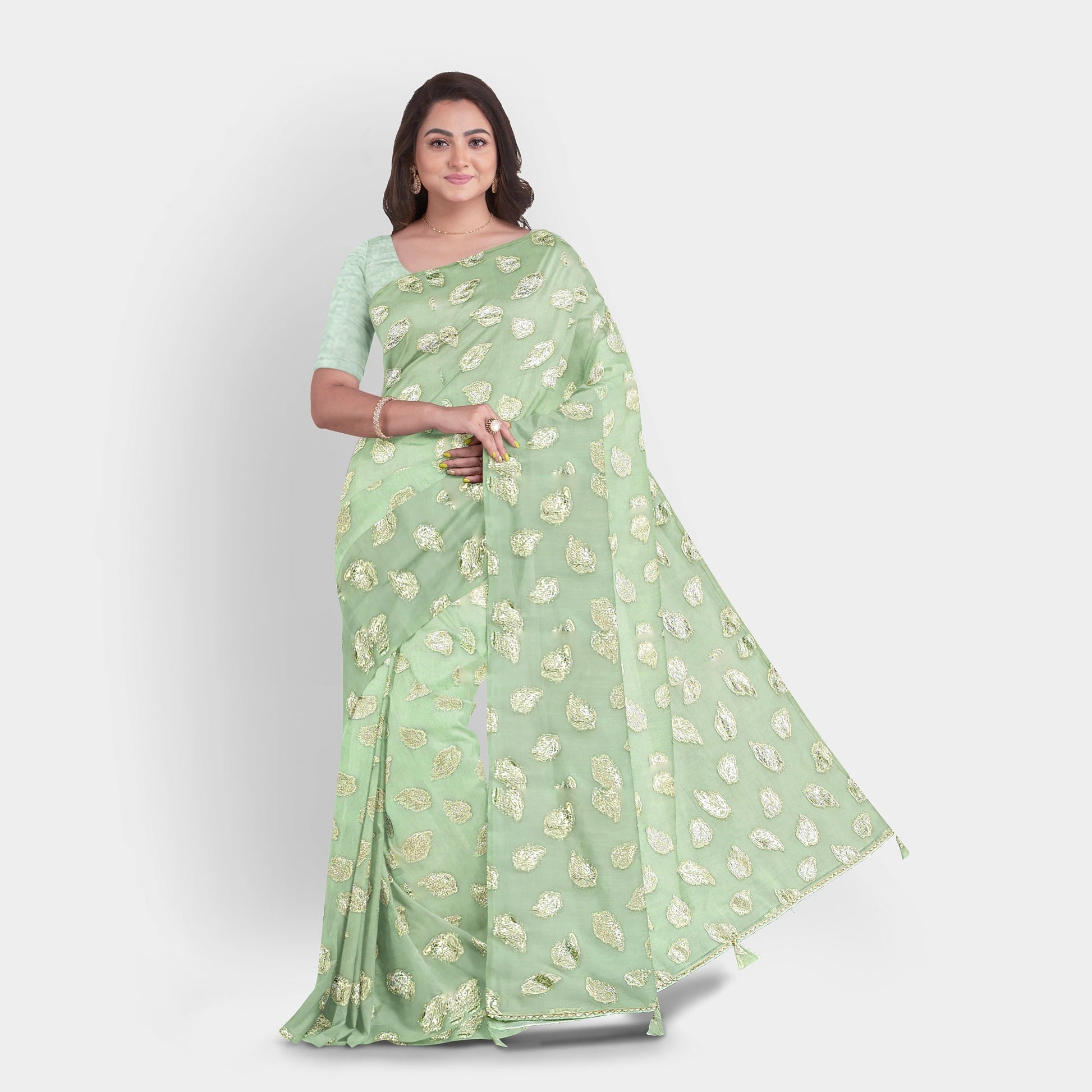 Olive Color Chiffon Saree with golden leaves and running Pallu. casual Chiffon Cocktail golden Olive work thehangrolive-color-chiffon-saree-with-golden-leaves-and-running-palluthehangr-711346