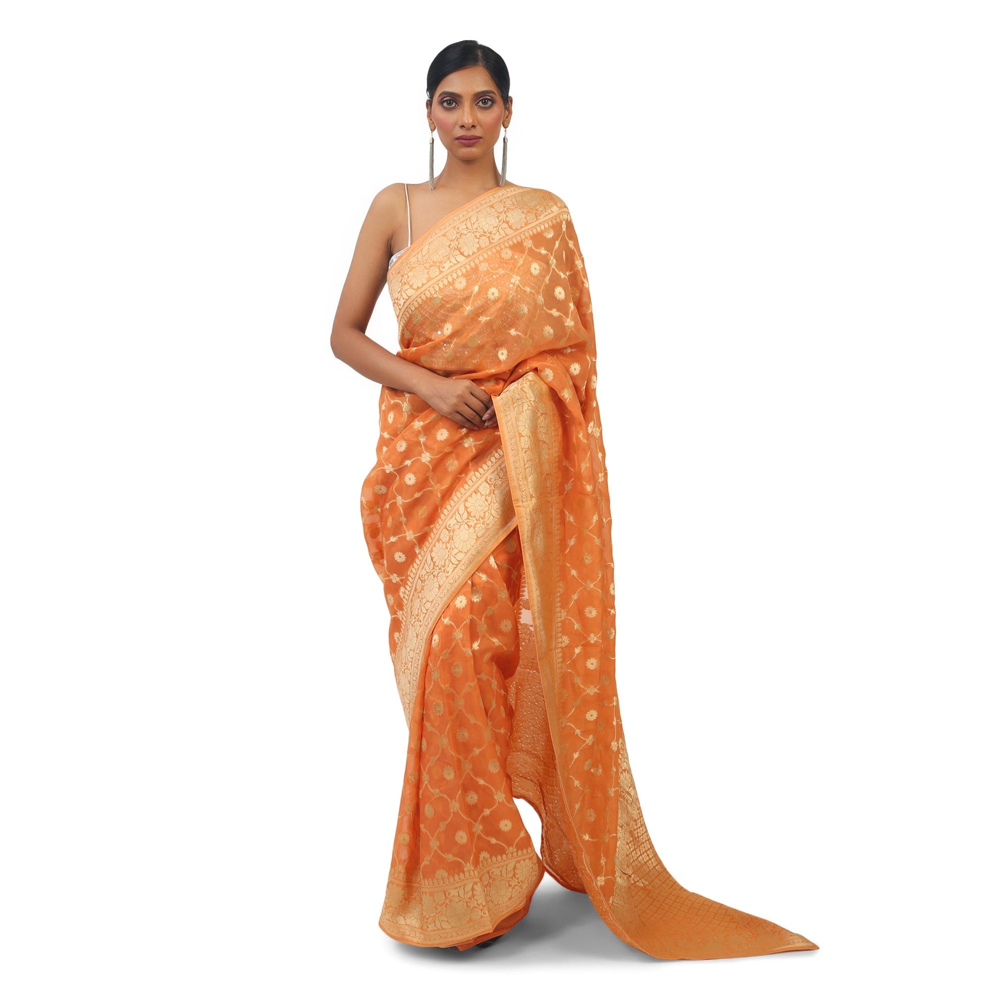 Orange Organza Saree With beautiful silver work Apparel & Accessories 50%off Cocktail Festive orange Organza Saree thehangrorange-organza-saree-with-beautiful-silver-workthehangr-195506