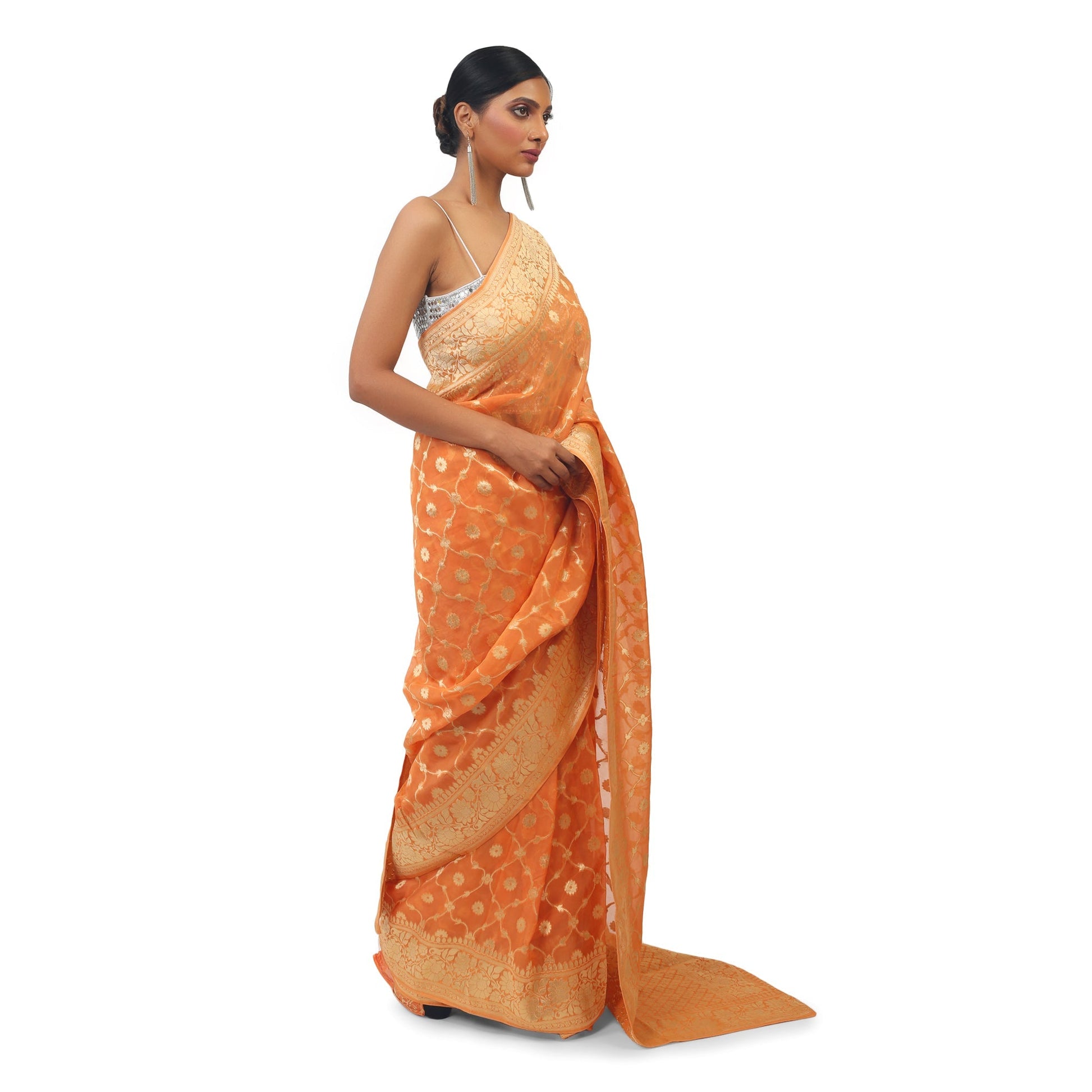 Orange Organza Saree With beautiful silver work Apparel & Accessories 50%off Cocktail Festive orange Organza Saree thehangrorange-organza-saree-with-beautiful-silver-workthehangr-347830