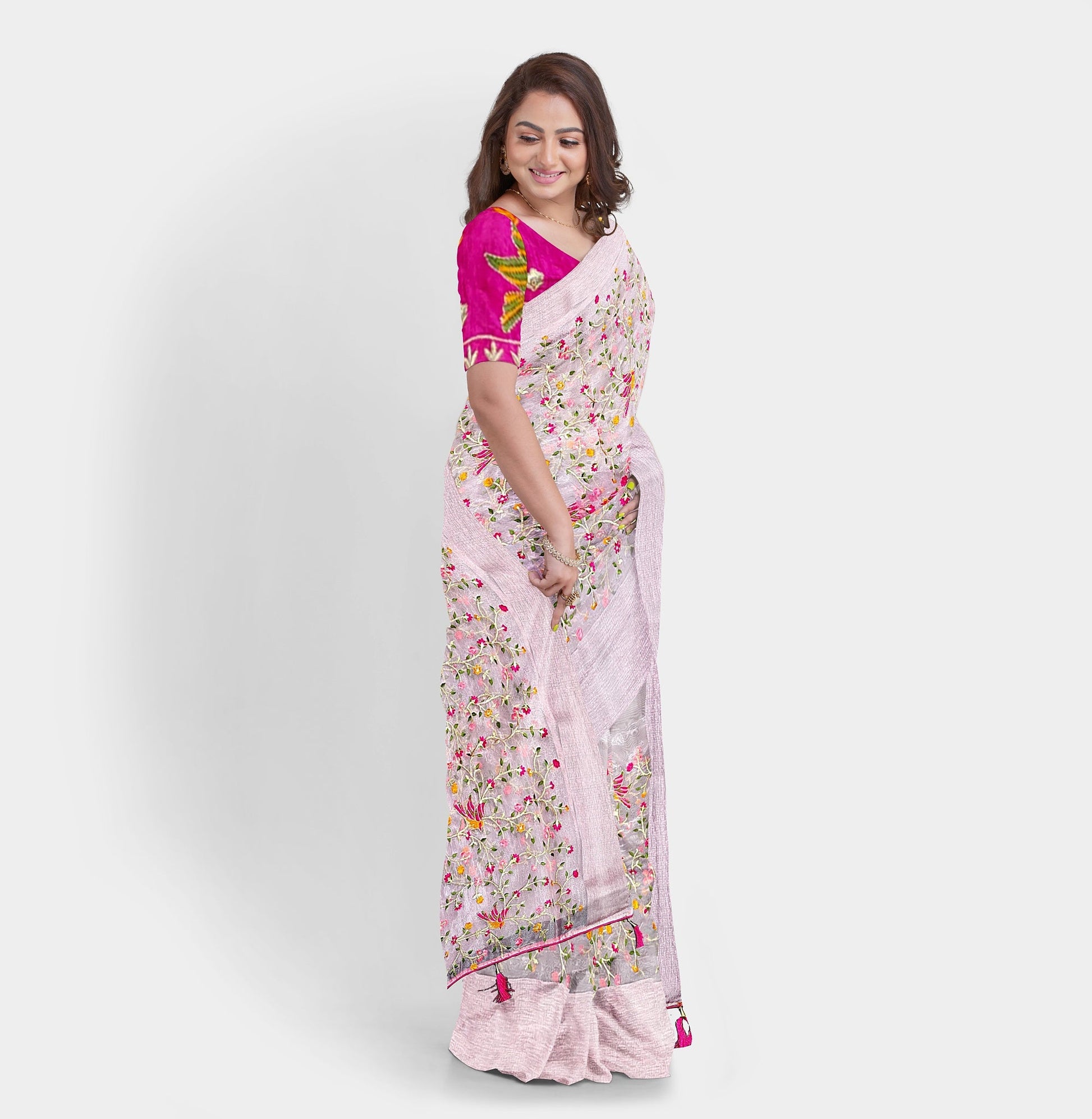 Organza Nature-Inspired Pink Hand Embroidery Saree Apparel & Accessories Cocktail Embroidery Festive Light Pink Organza pink Rani Pink Saree thehangrorganza-nature-inspired-pink-hand-embroidery-sareethehangr-307223