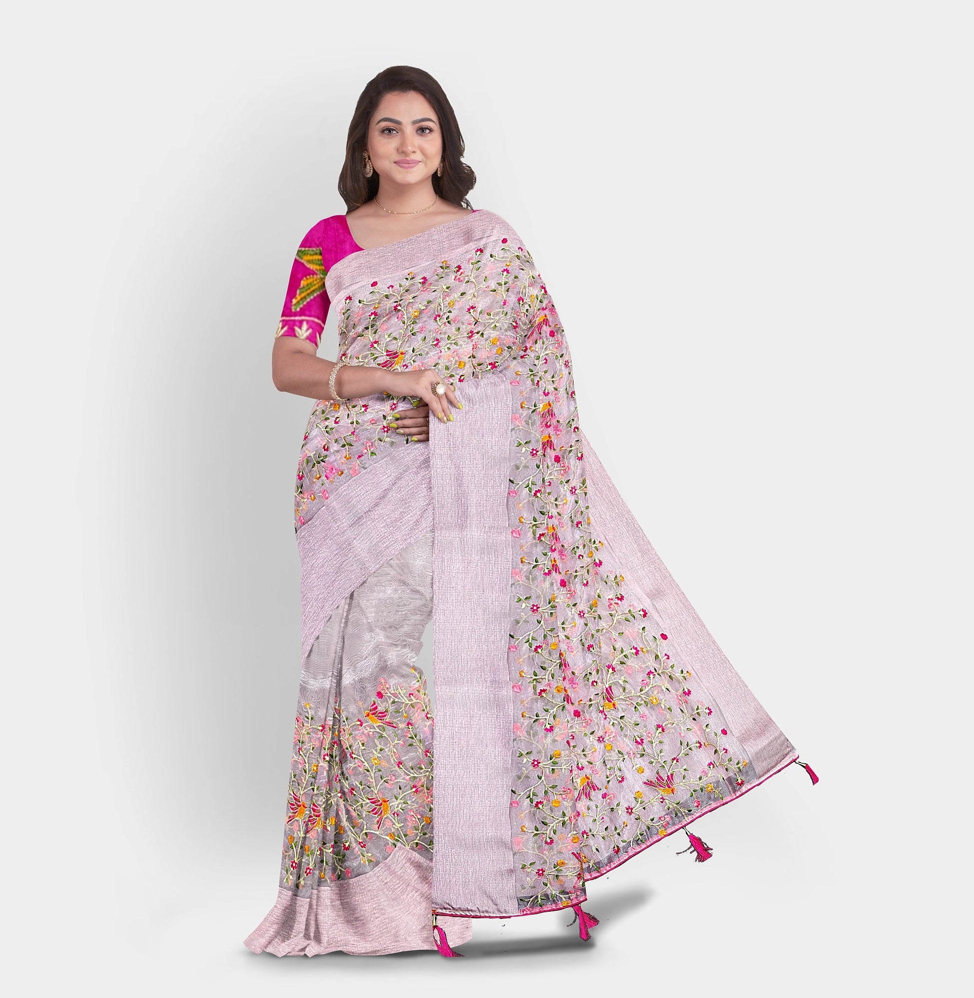 Organza Nature-Inspired Pink Hand Embroidery Saree Apparel & Accessories Cocktail Embroidery Festive Light Pink Organza pink Rani Pink Saree thehangrorganza-nature-inspired-pink-hand-embroidery-sareethehangr-658445