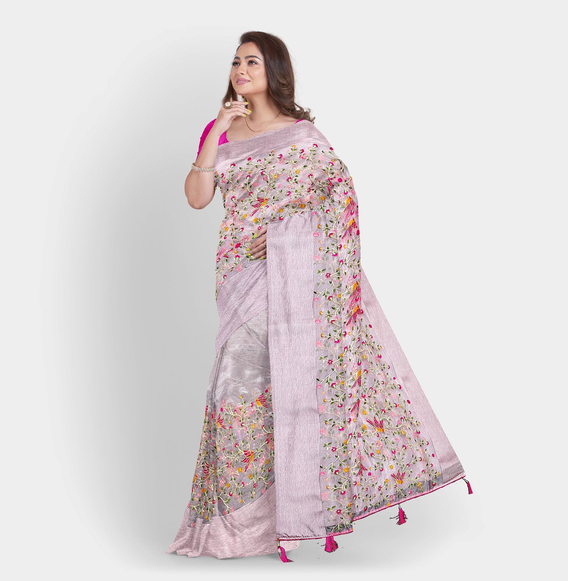 Organza Nature-Inspired Pink Hand Embroidery Saree Apparel & Accessories Cocktail Embroidery Festive Light Pink Organza pink Rani Pink Saree thehangrorganza-nature-inspired-pink-hand-embroidery-sareethehangr-821056