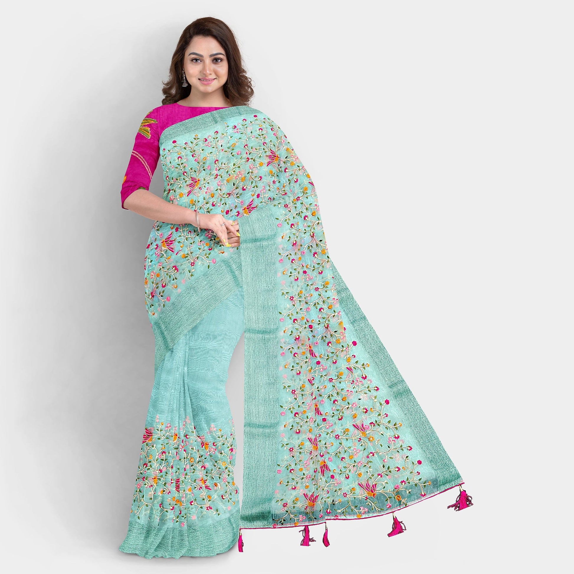 Organza Nature-Inspired Sky Blue Hand Embroidery Saree Apparel & Accessories Cocktail Embroidery Festive Organza Saree sky blue thehangrorganza-nature-inspired-sky-blue-hand-embroidery-sareethehangr-787756