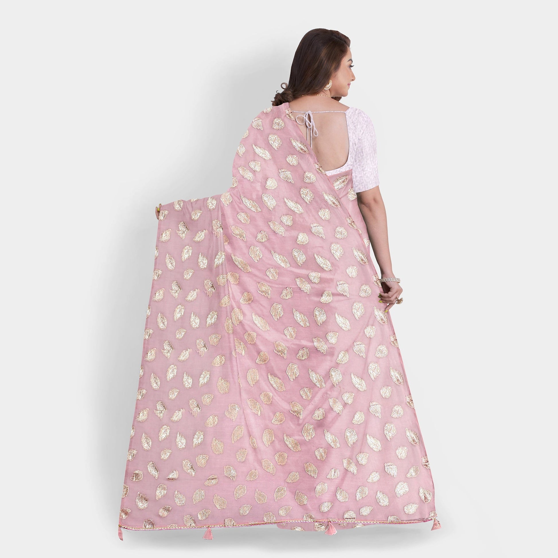 Pink Color Chiffon Saree with golden leaves and running Pallu. casual Chiffon Cocktail golden Light Pink pink Rani Pink work thehangrpink-color-chiffon-saree-with-golden-leaves-and-running-palluthehangr-352384