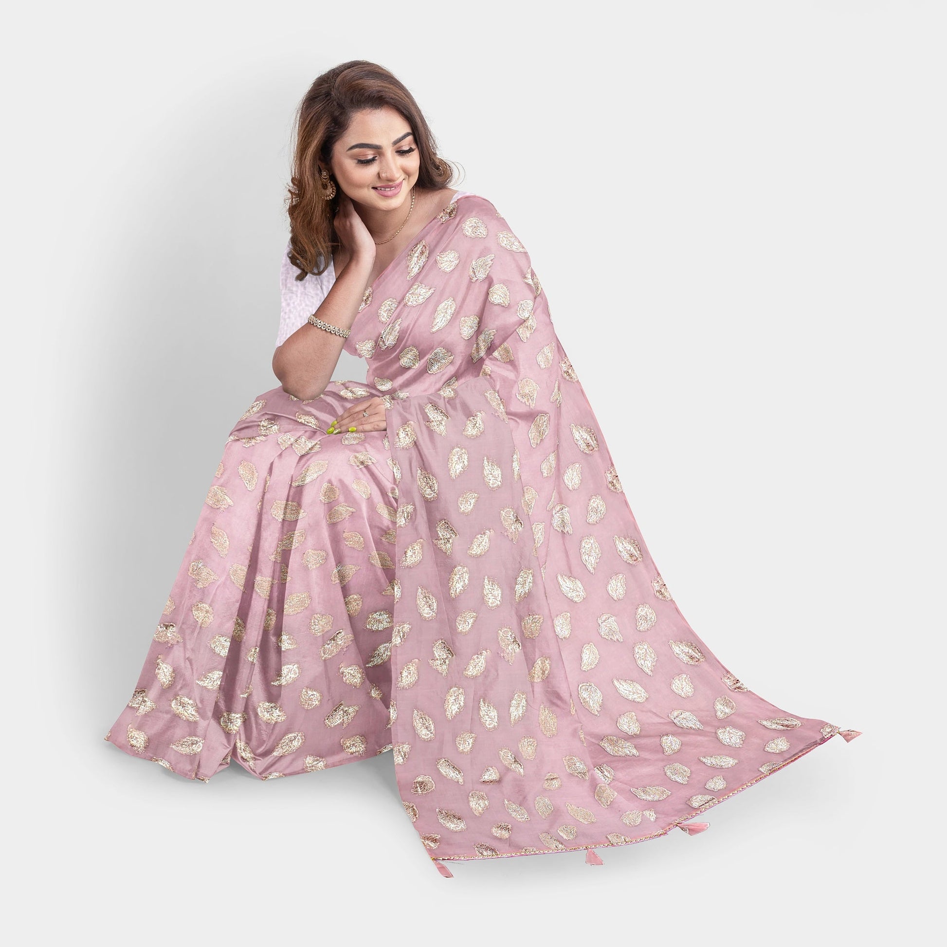 Pink Color Chiffon Saree with golden leaves and running Pallu. casual Chiffon Cocktail golden Light Pink pink Rani Pink work thehangrpink-color-chiffon-saree-with-golden-leaves-and-running-palluthehangr-507797