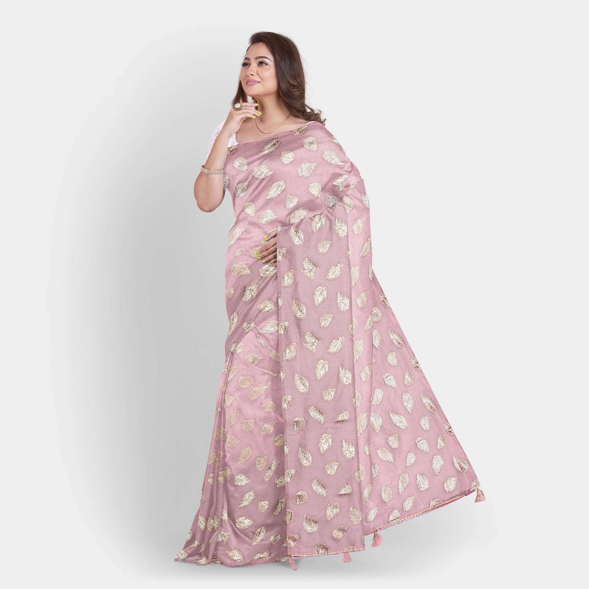 Pink Color Chiffon Saree with golden leaves and running Pallu. casual Chiffon Cocktail golden Light Pink pink Rani Pink work thehangrpink-color-chiffon-saree-with-golden-leaves-and-running-palluthehangr-767941