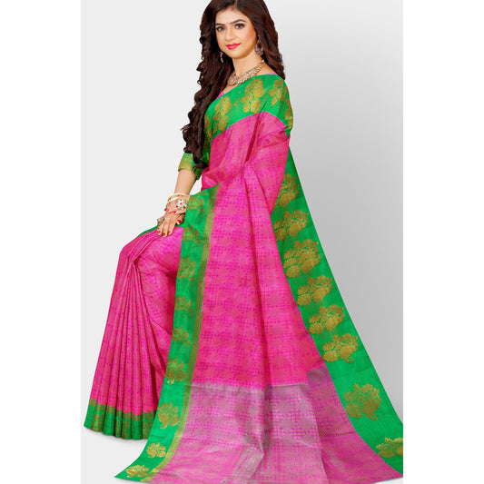 Pink Katan Silk Saree with beautiful contrast Green border Saree casual Cocktail dark green Festive Geomatrical Green Light Green pink Printed Rani Pink red Saree sea green Weaving work thehangrpink-katan-silk-saree-with-beautiful-contrast-green-borderthehangr-728635