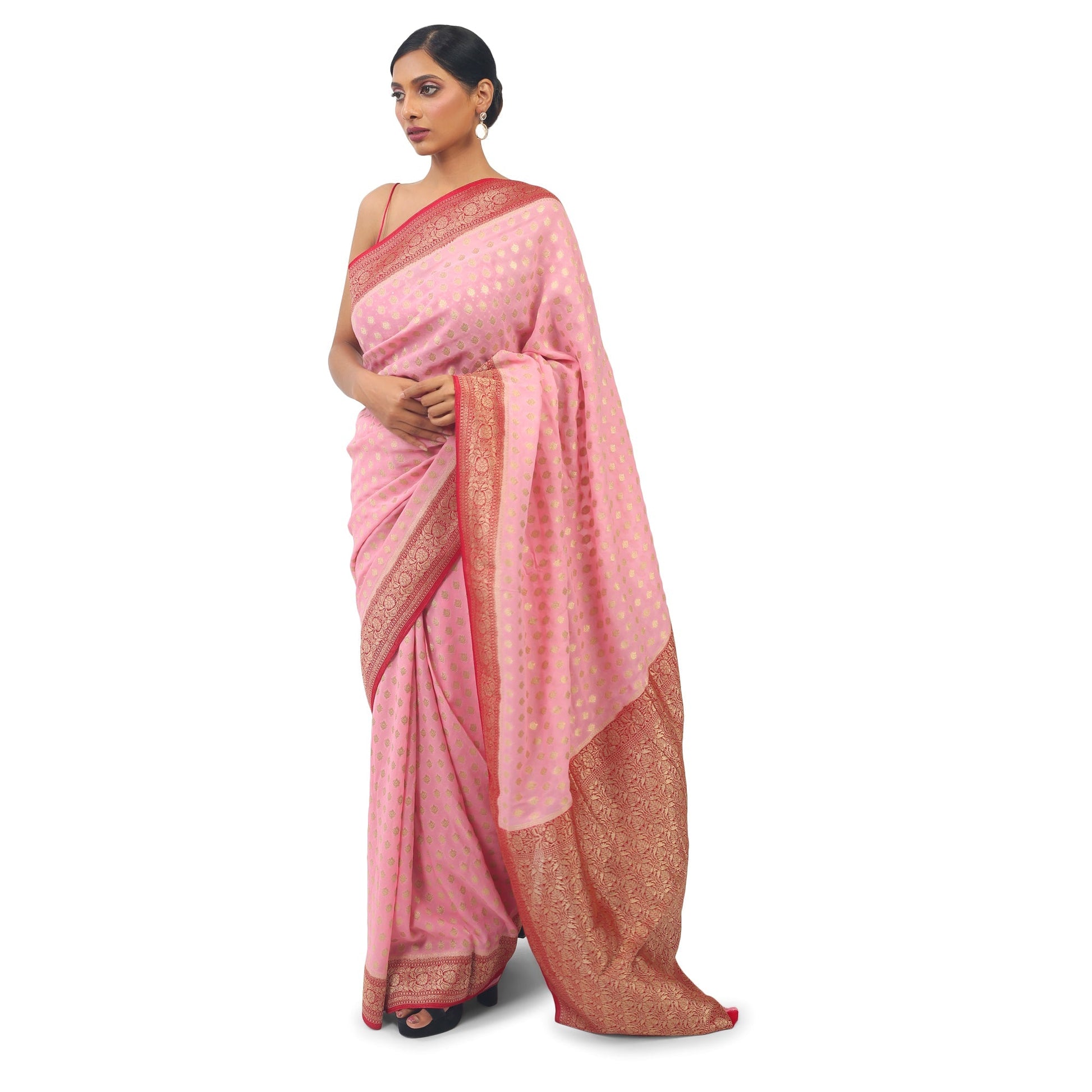 Pink soft Georgette Saree With contrast red boarder and pallu Apparel & Accessories 50%off Cocktail Festive pink Rani Pink Saree Soft Georgette thehangrpink-soft-georgette-saree-with-contrast-red-boarder-and-palluthehangr-230410