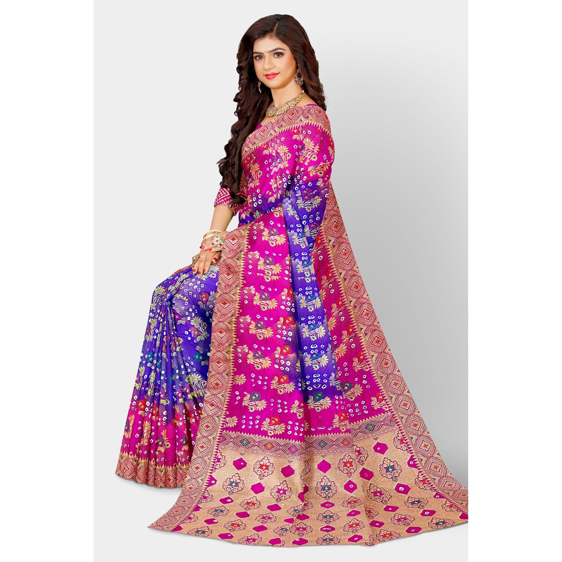 Purple Bandini Saree with golden weaving work and Pink border and Pallu. Saree Bandhej Bandini Cocktail Festive Floral golden light purple pink Printed Purple Rani Pink Saree Weaving thehangrpurple-bandini-saree-with-golden-weaving-work-and-pink-border-and-palluthehangr-291401