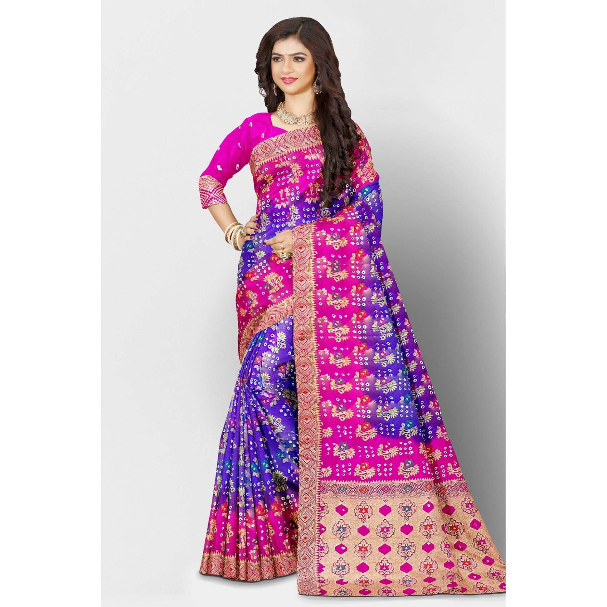 Purple Bandini Saree with golden weaving work and Pink border and Pallu. Saree Bandhej Bandini Cocktail Festive Floral golden light purple pink Printed Purple Rani Pink Saree Weaving thehangrpurple-bandini-saree-with-golden-weaving-work-and-pink-border-and-palluthehangr-443456