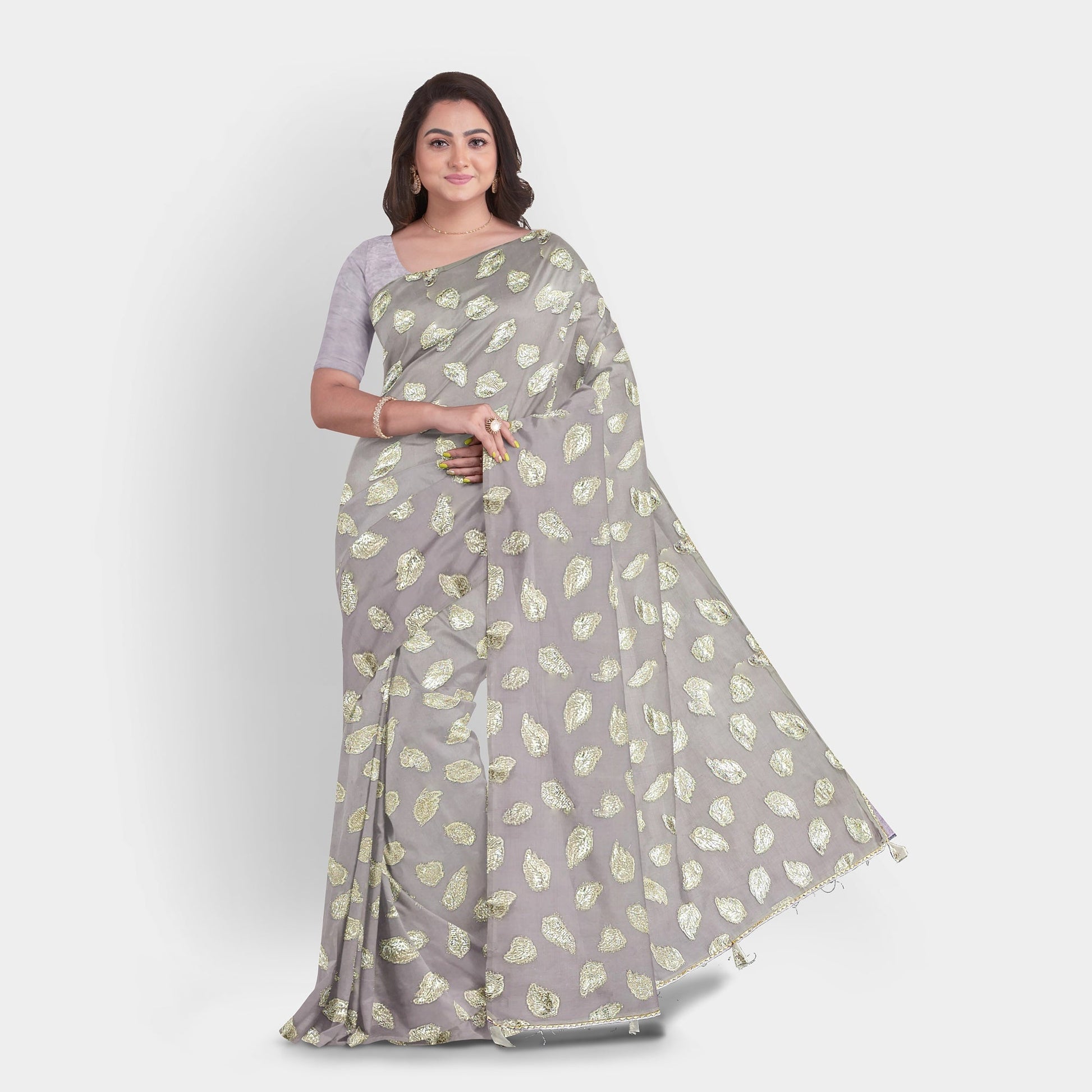 Purple Chiffon Saree with golden leaves and running Pallu. casual Chiffon Cocktail golden light purple Purple work thehangrpurple-chiffon-saree-with-golden-leaves-and-running-palluthehangr-272454