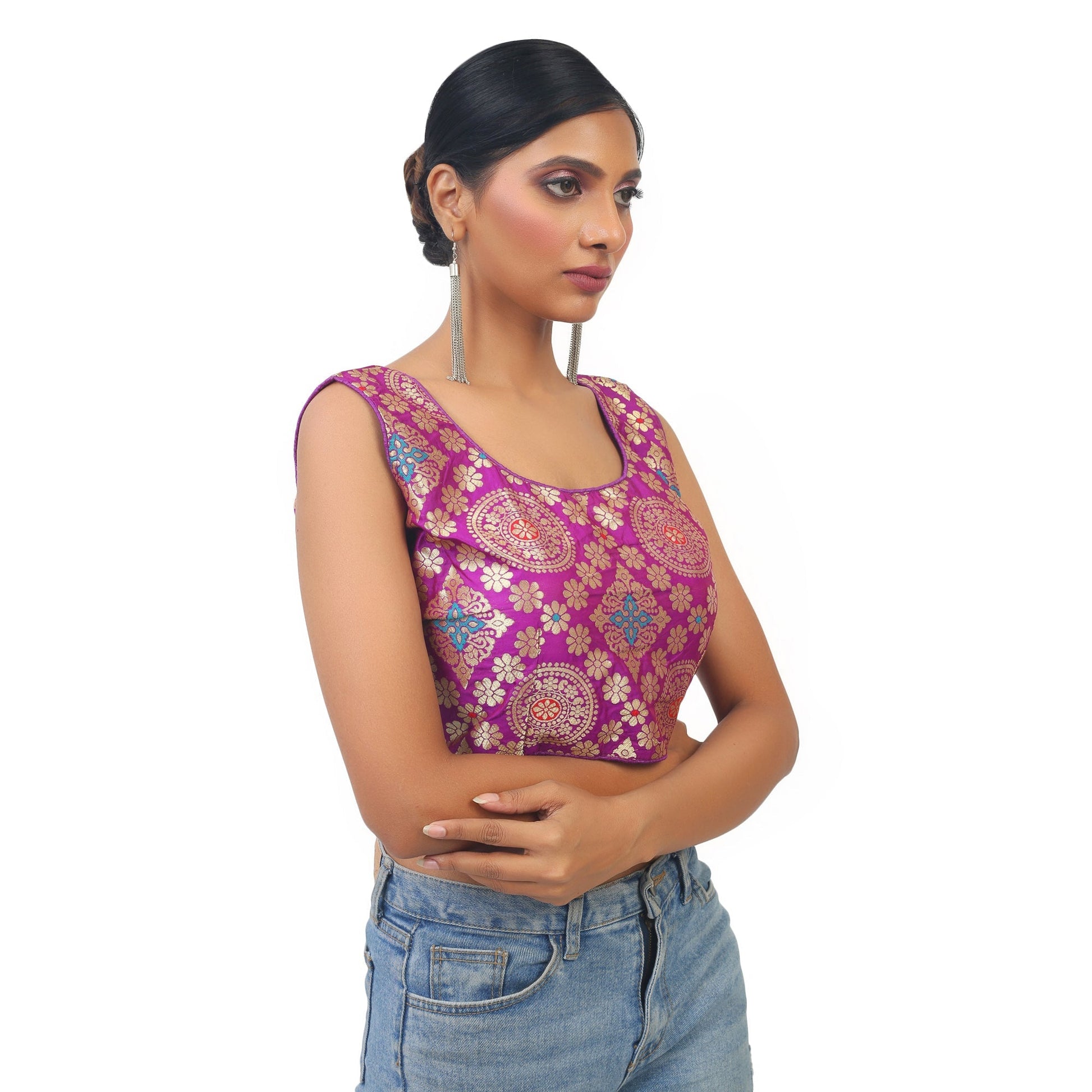 Purple | Cotton | Golden Banarsi print | Blouse 36 Apparel & Accessories 32 34 36 blossom Blouse blouses cotton Crop tops Purple thehangrpurple-cotton-golden-banarsi-print-blousethehangr-759354