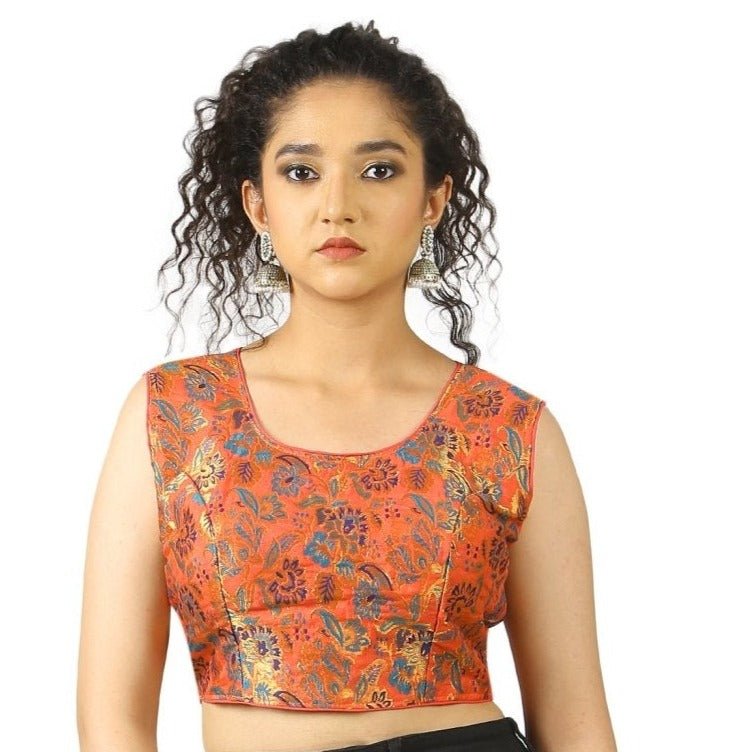 Red | Brocade | Flower Print | Blouse Apparel & Accessories 34 36 Aarzoo Blouse blouses Crop tops golden red thehangrred-brocade-flower-print-blousethehangr-448378