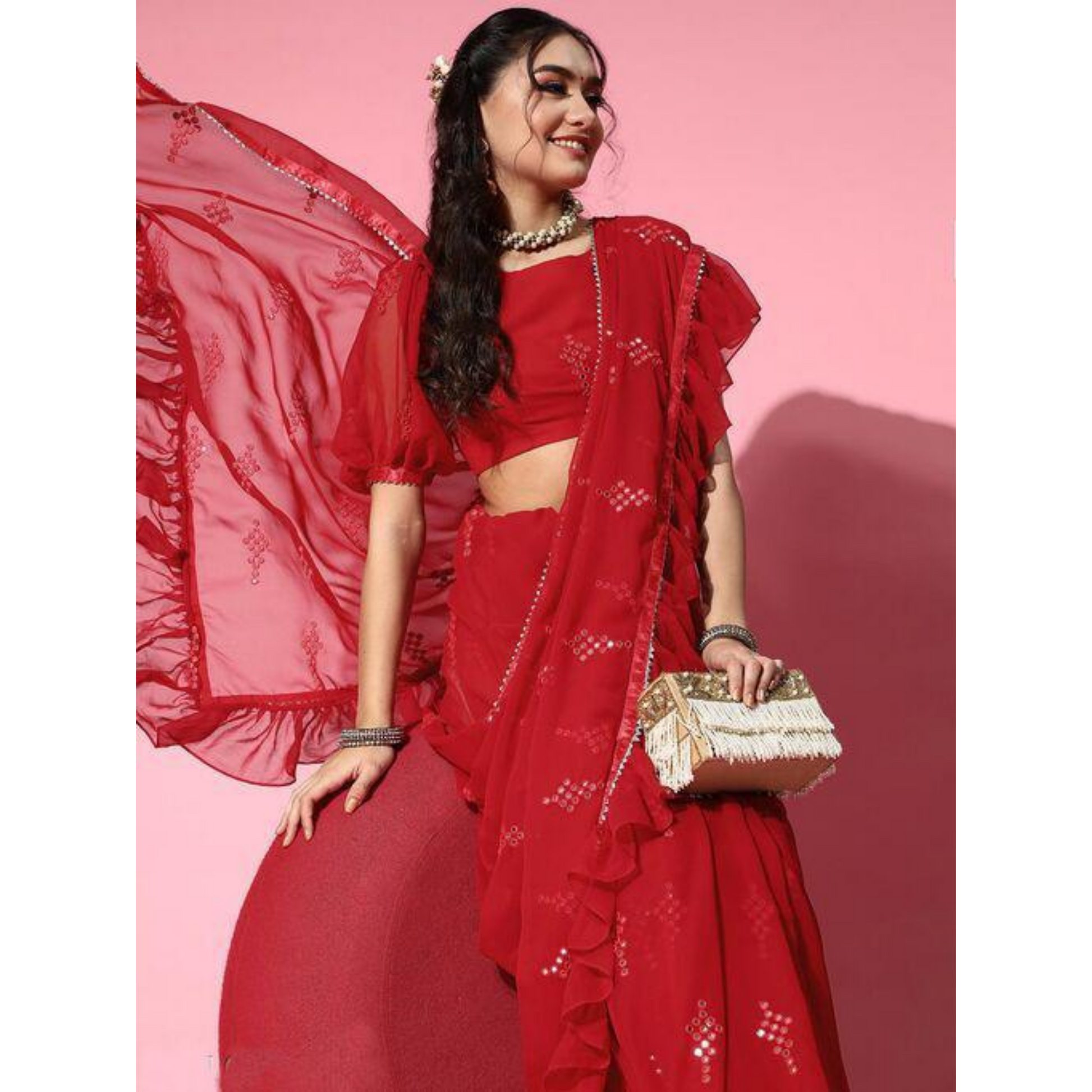 Unique Flurrry Border Design Saree with Blouse Piece Saree Cocktail Festive red Saree Soft Georgette unique-flurrry-border-design-saree-with-blouse-piece-337017