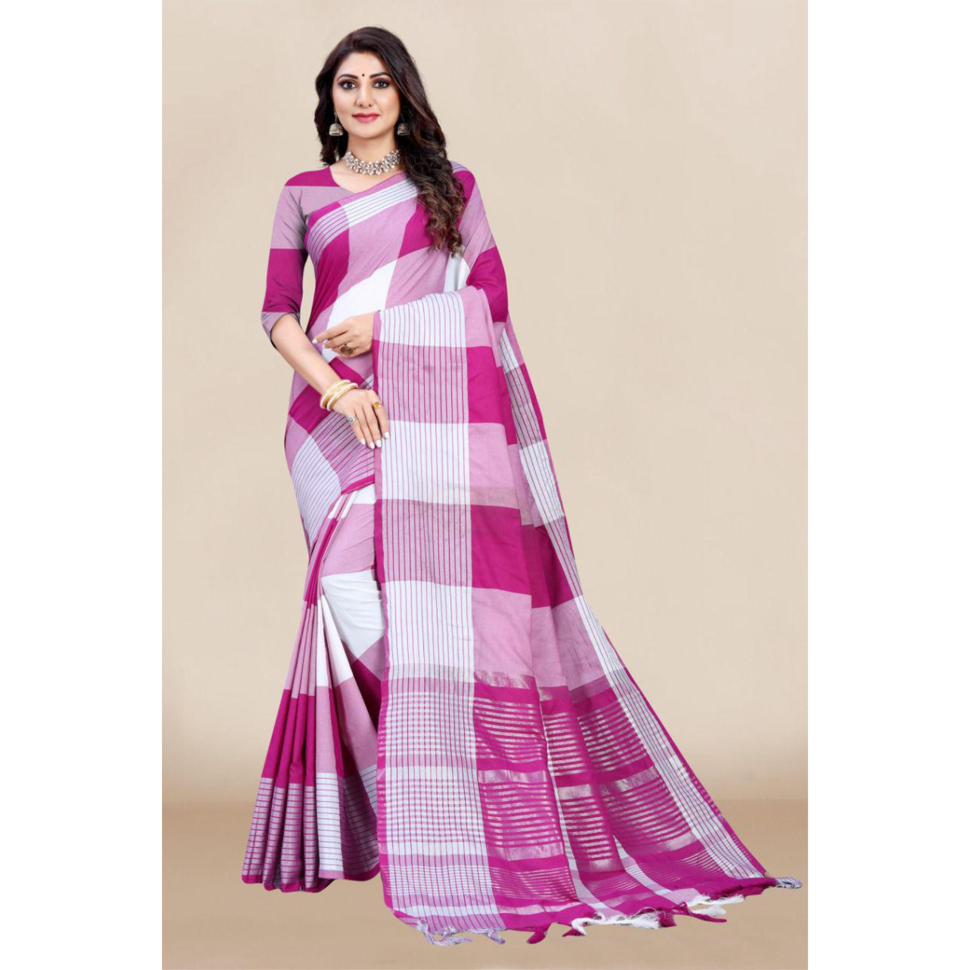 Women's Cotton Silk Saree with Blouse Piece & Fancy Jhalar - TheHangr