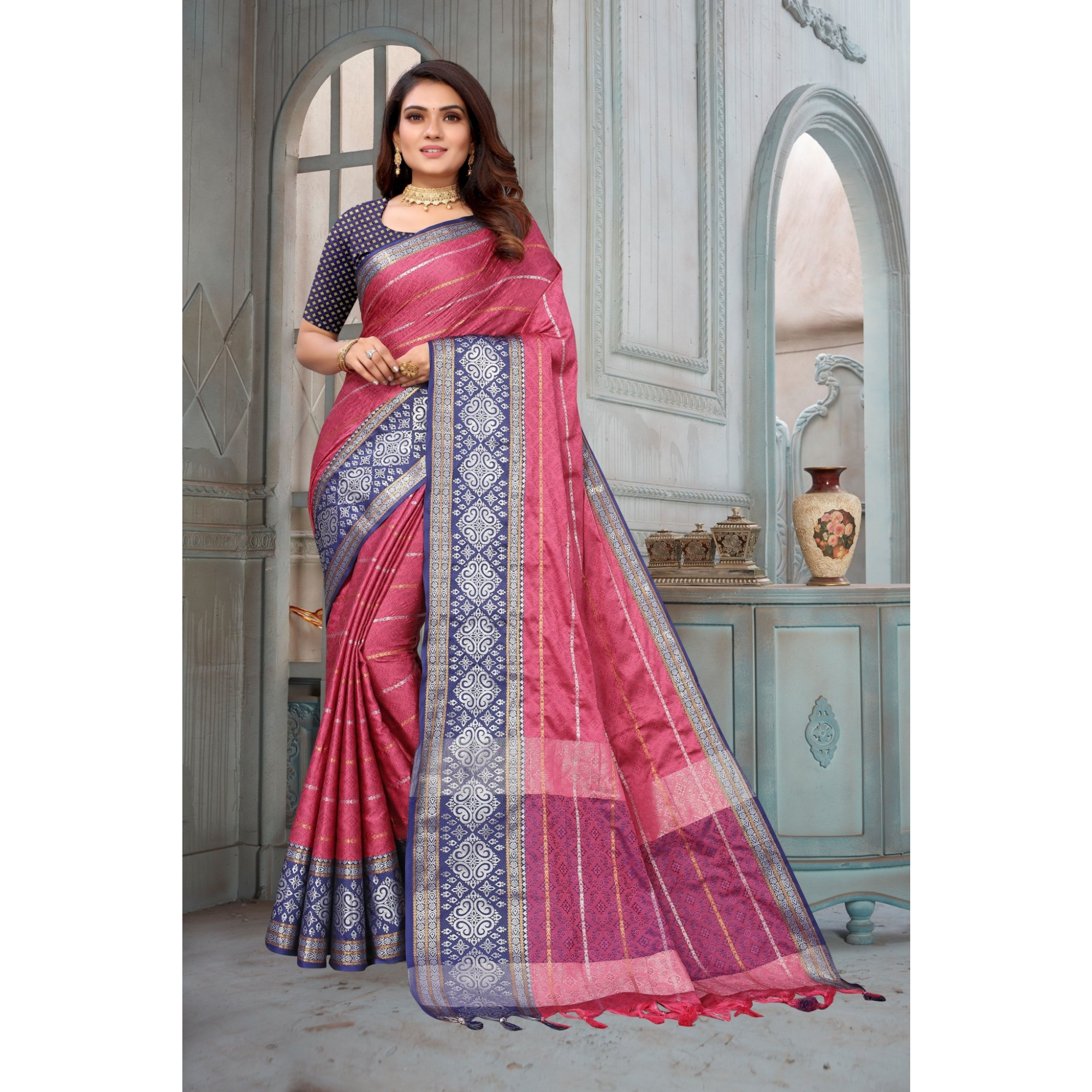 Women's Designer Saree with fancy jhallar with Blouse Piece Pink with Blue border - TheHangr