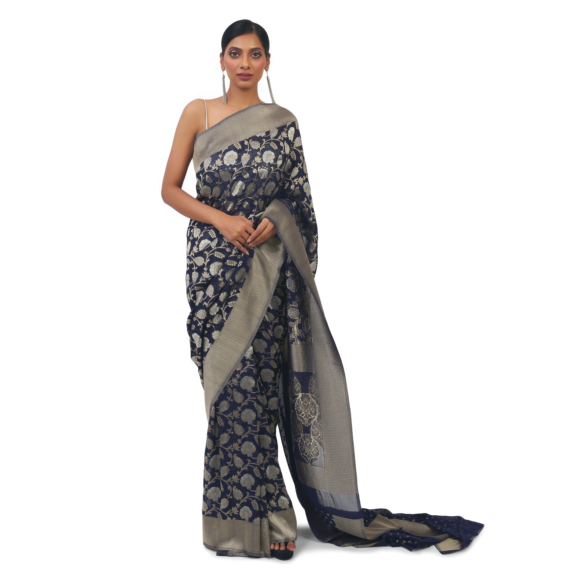 Soft Georgette Designer Blue Saree with Silver work - TheHangr