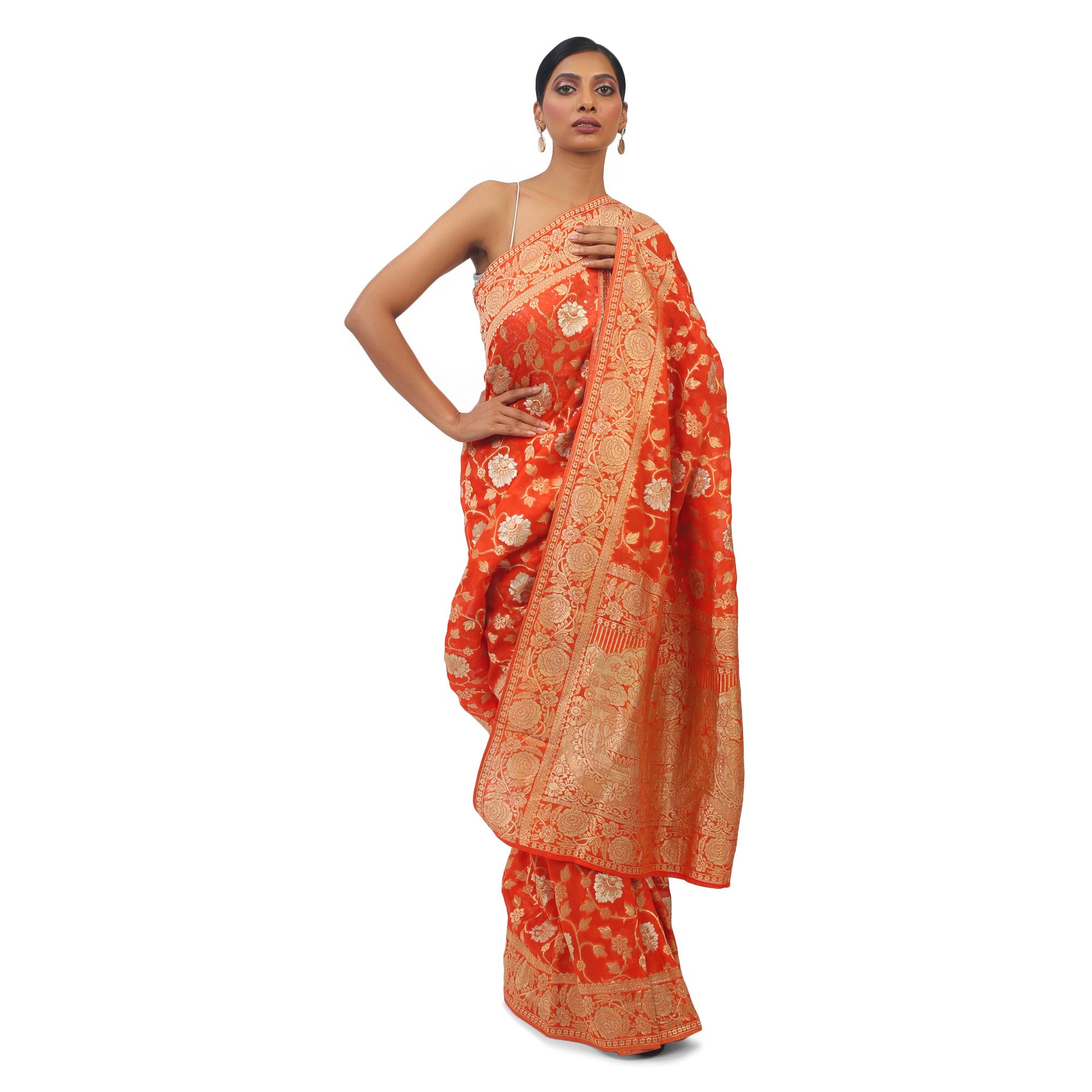 Soft Georgette Designer Orange Saree with Golden work - TheHangr