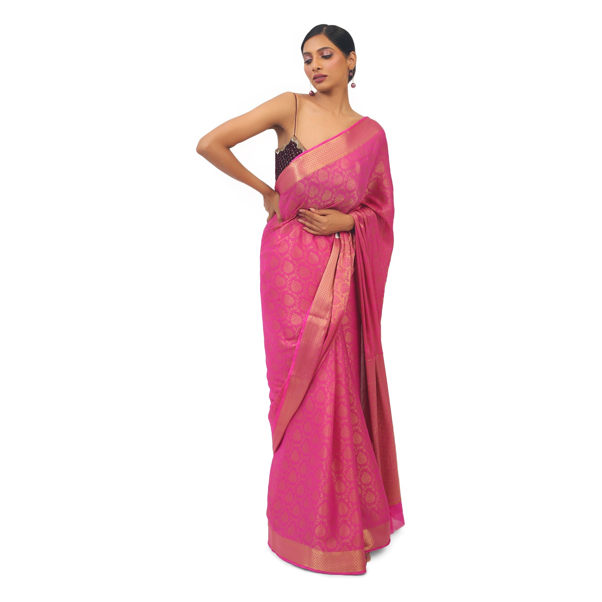 Soft Georgette Designer Rani pink Saree with Golden work - TheHangr