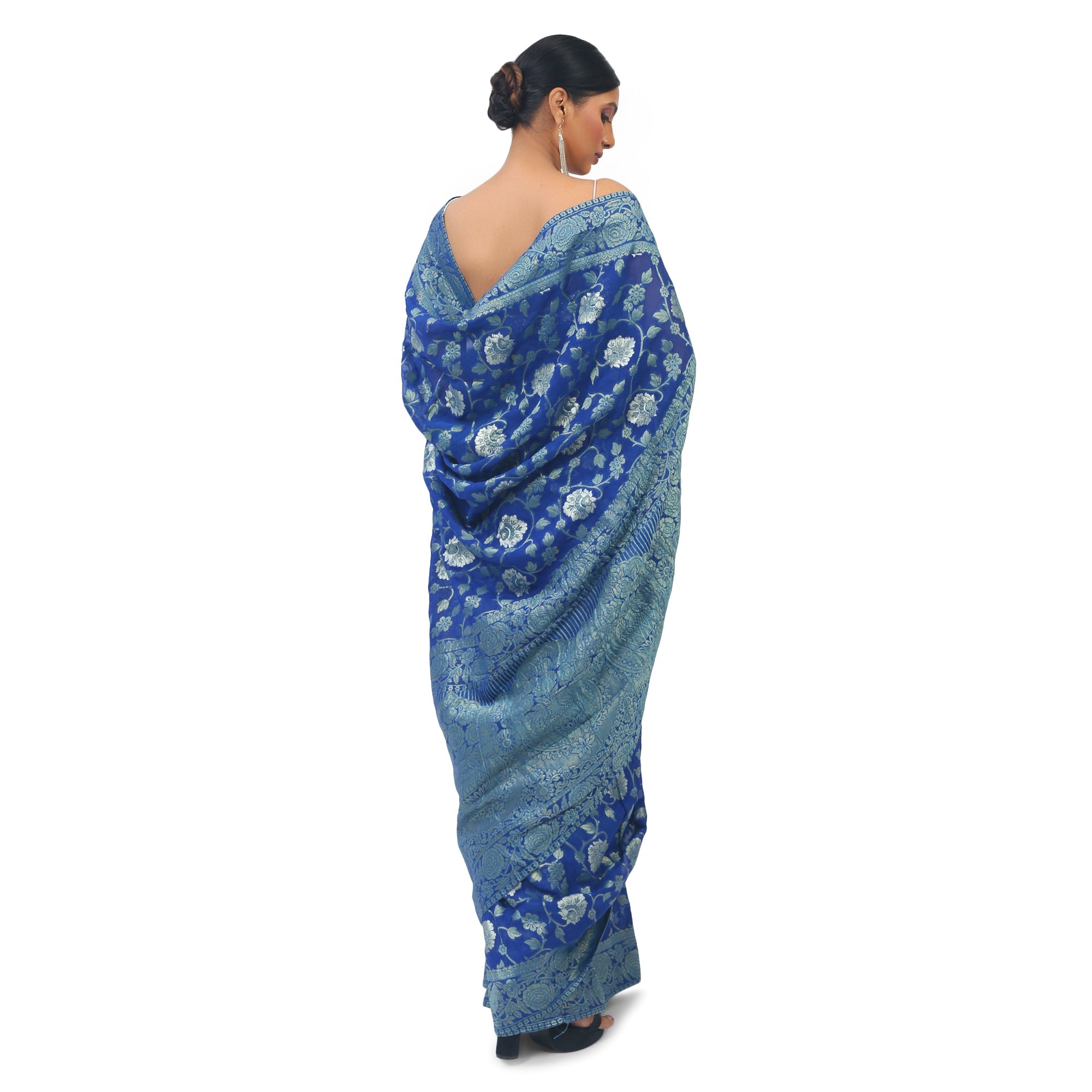 Royal Blue Draped Saree with Contrast Stitched Blouse Set of 2 - XL | Royal  blue saree, Saree, Drape saree