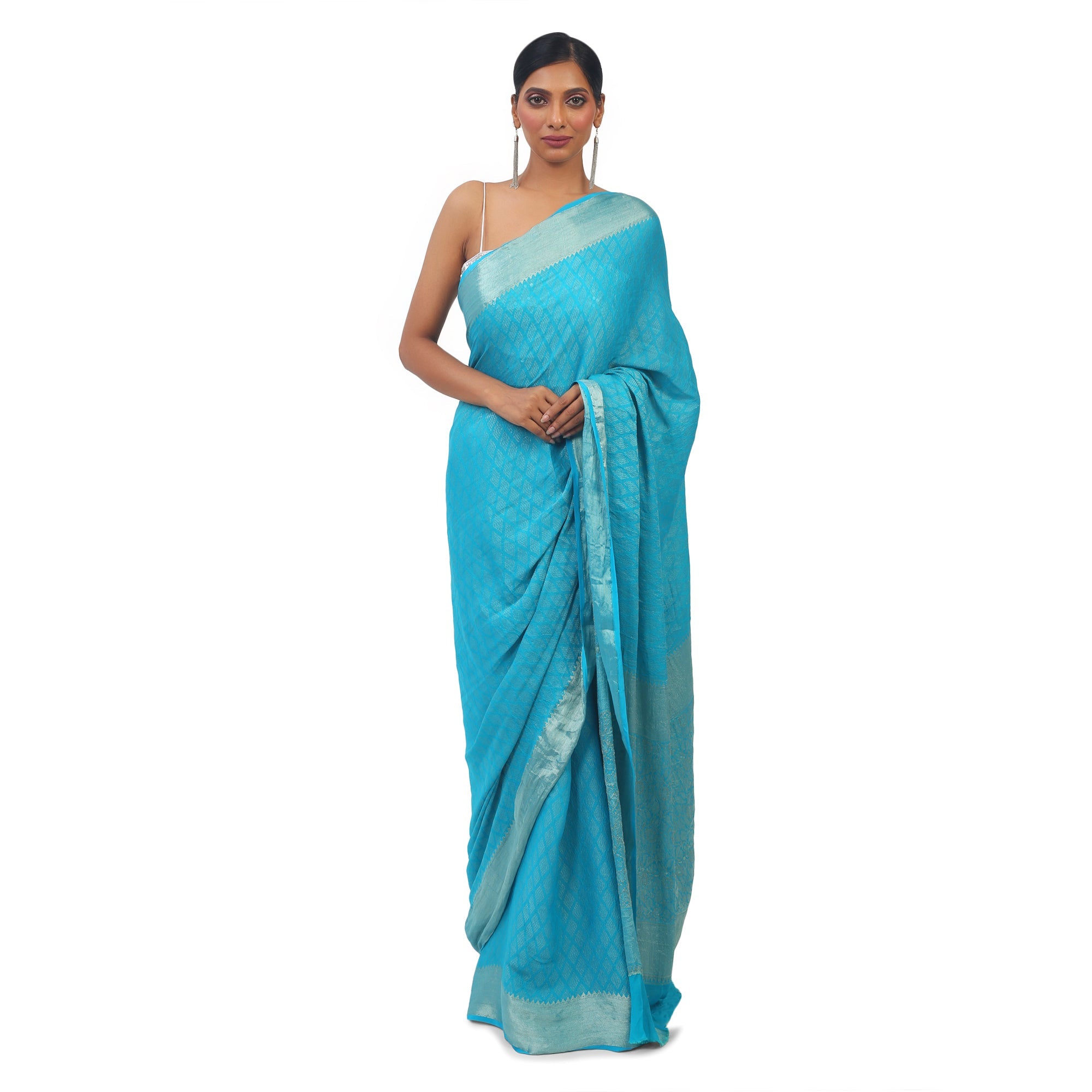 Soft Georgette Designer Sky Blue Saree with Silver work - TheHangr