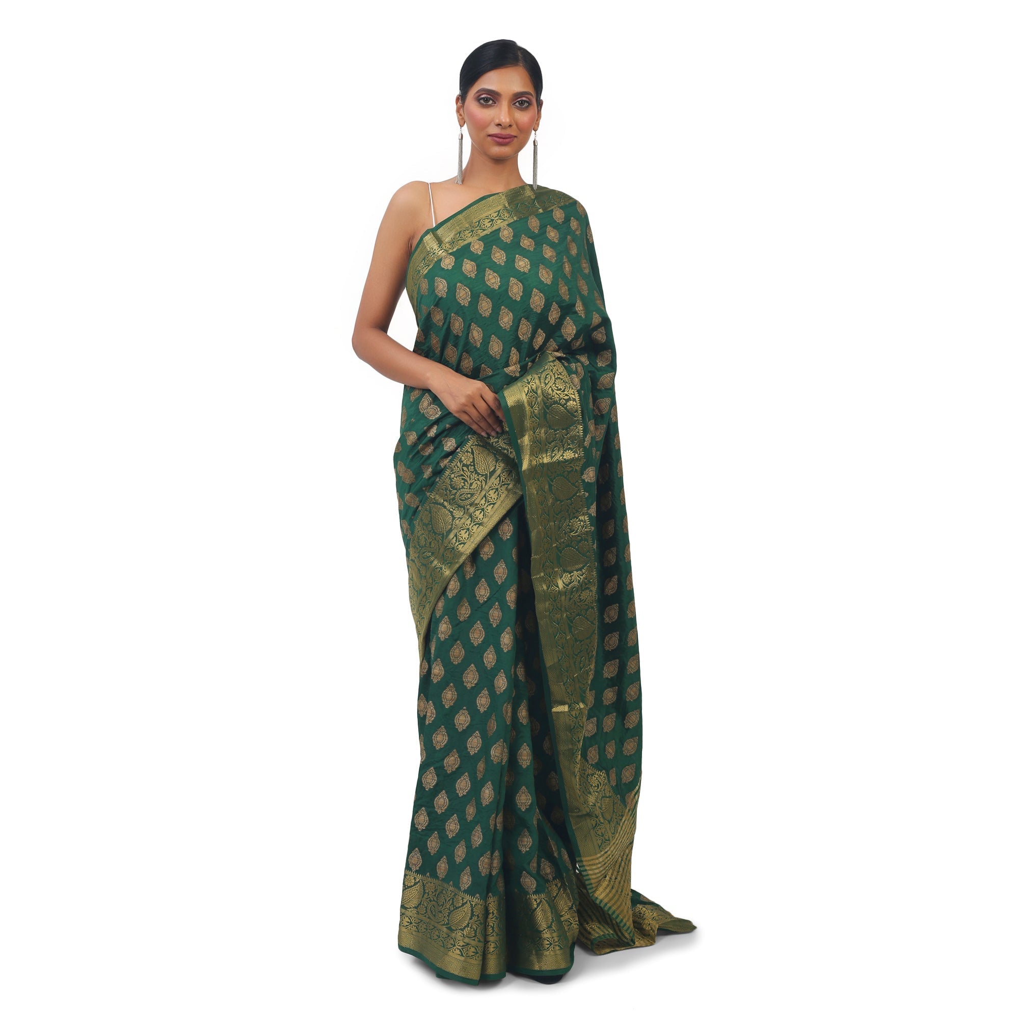 Art Silk Green Saree with Golden work - TheHangr
